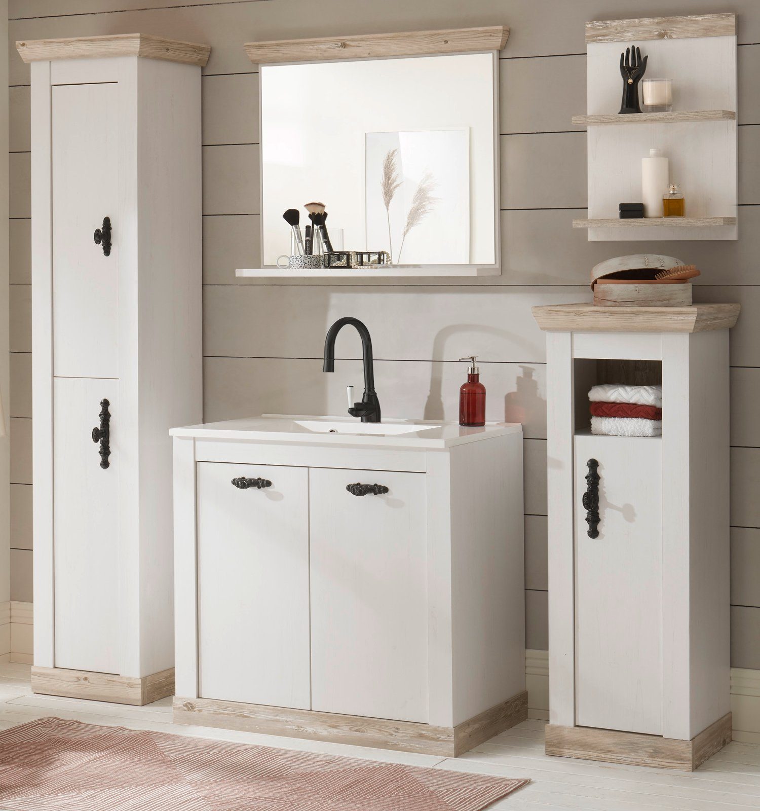 Furn.Design Waschtisch-Set Rovola, (in weiß Pinie Landhausstil, 6-St., 205 x 200 cm), inklusive Waschbecken
