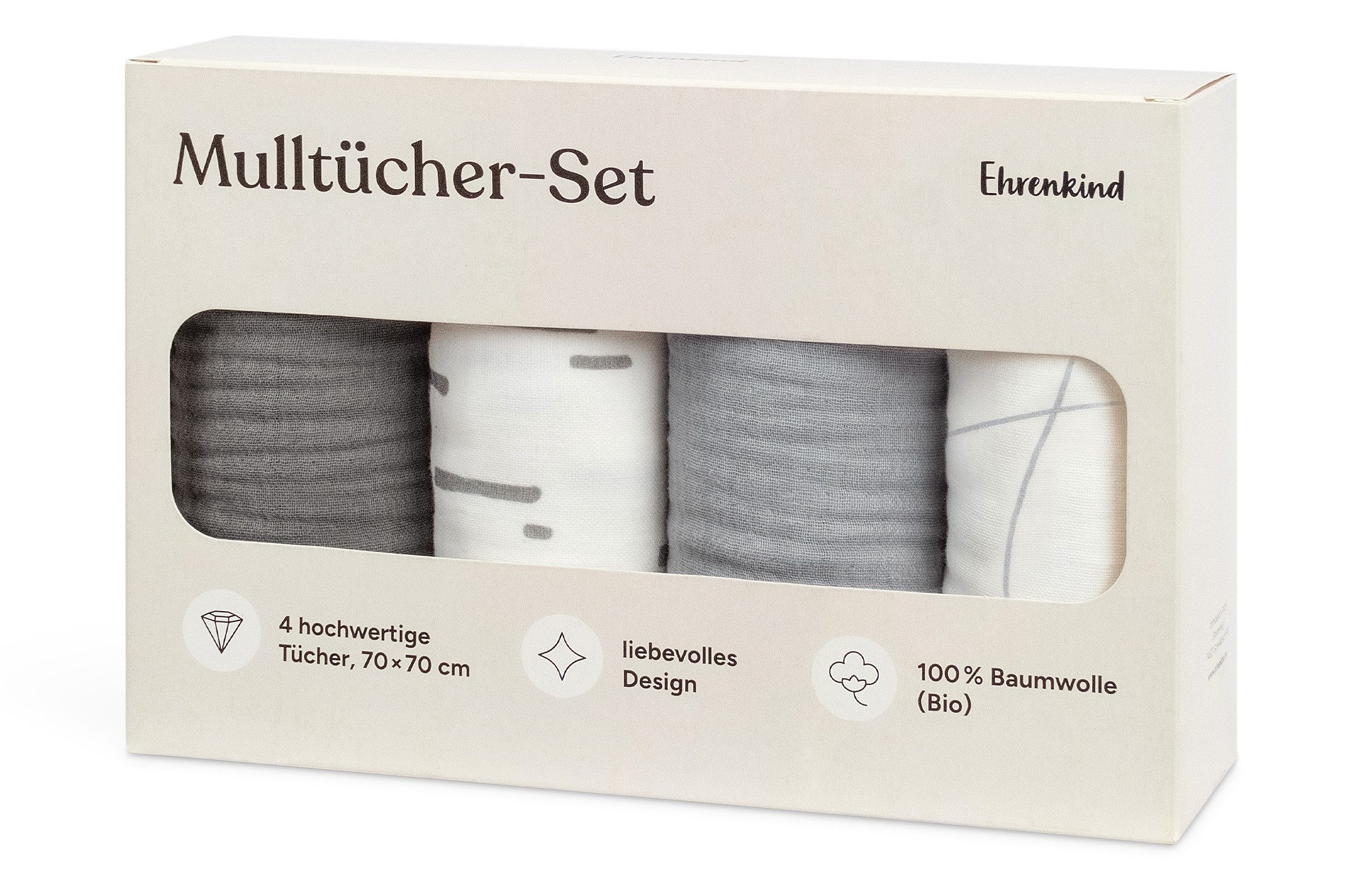 Ehrenkind Spucktuch Mulltücher-Set aus saugfähiger Musselin Bio-Baumwolle, (Sprucktücher Baby im 4er Set, Musselintücher Baby 70x70 cm), viele Einsatzmöglichkeiten wie Stoffwindeleinlage