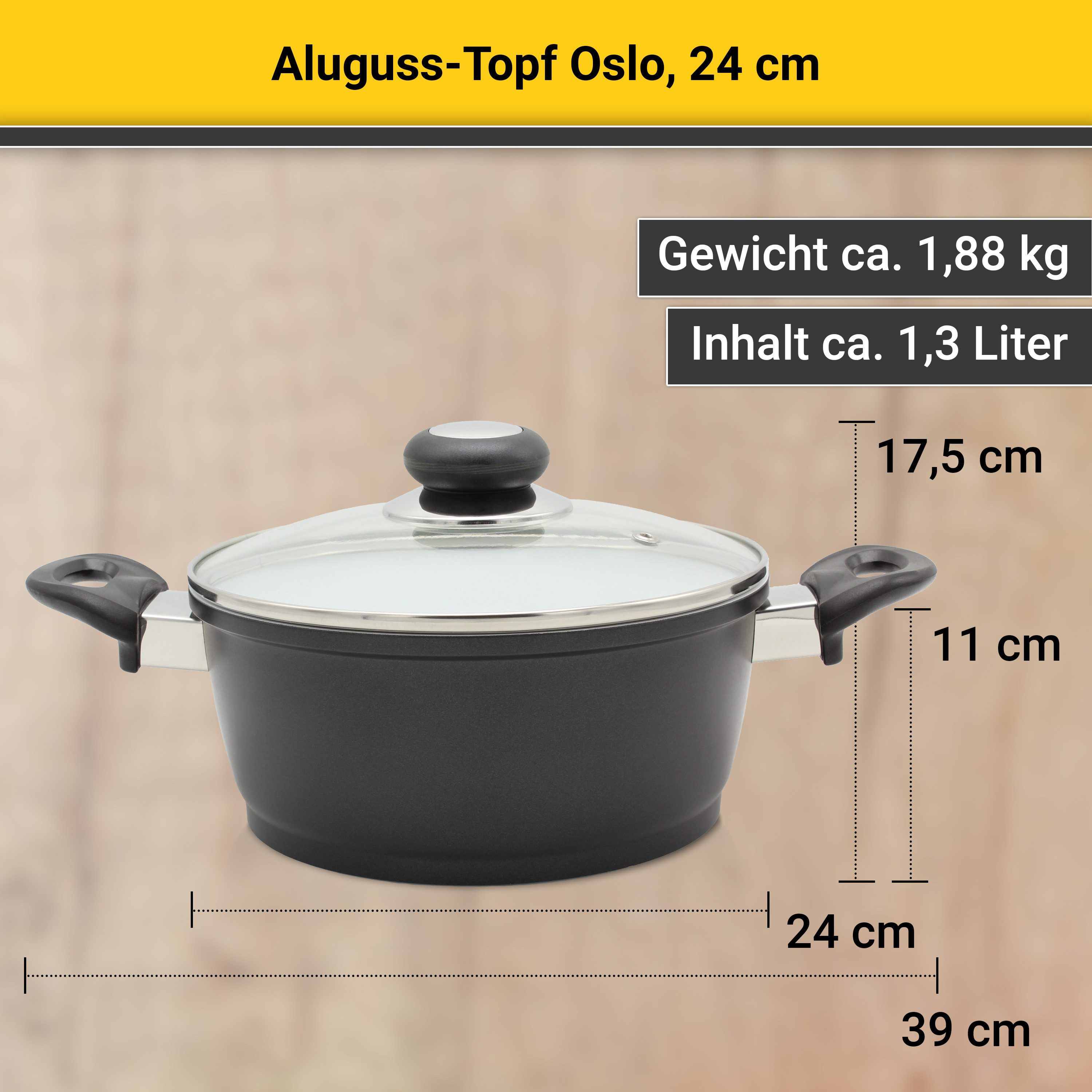 Krüger Fleischtopf Aluguss Topf mit Glasdeckel Oslo, Aluminiumguss (1-tlg), für Induktions-Kochfelder geeignet – Bild 5 von 5