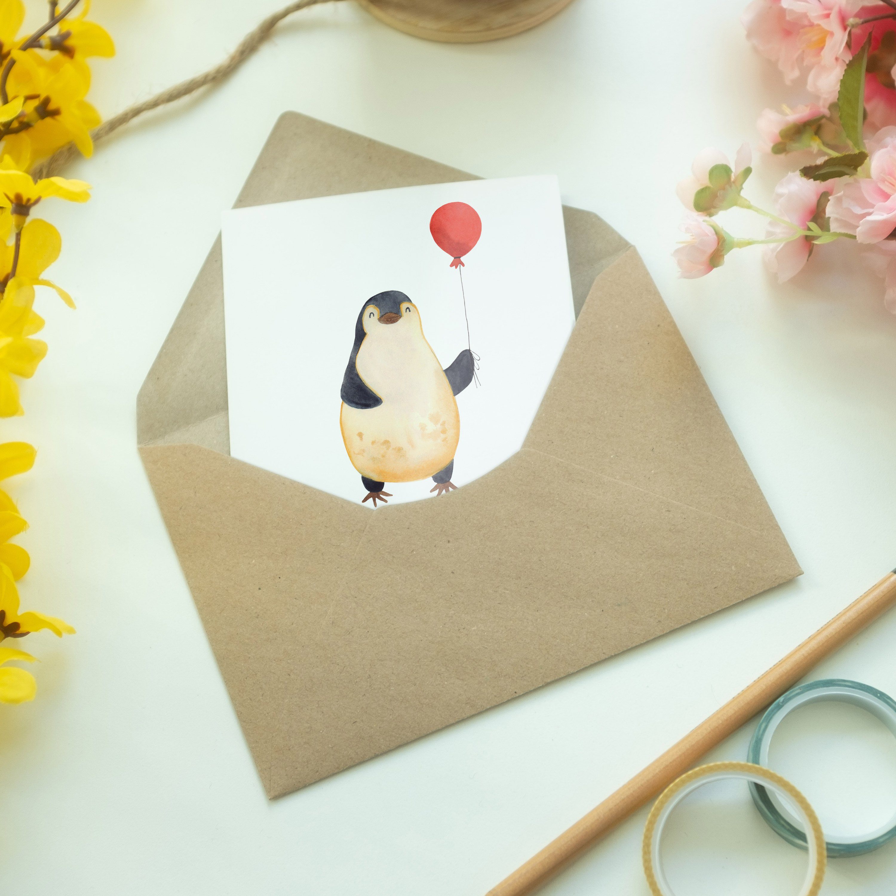 Mr. Panda Weiß Mrs. Klappkarte, Pinguin - Einladun - Geschenk, & Grußkarte Tagträume, Luftballon
