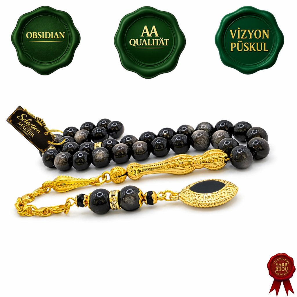 M-Punkt24 Kettenanhänger Tesbih Tespih Naturstein Küre Rund (Obsidian Schwarz, Gebetskette, Rosary, Subha Misbah), Design Püskül, inkl. ETUI, *SONDERPREIS WEGEN PRODUKT NEUHEIT*