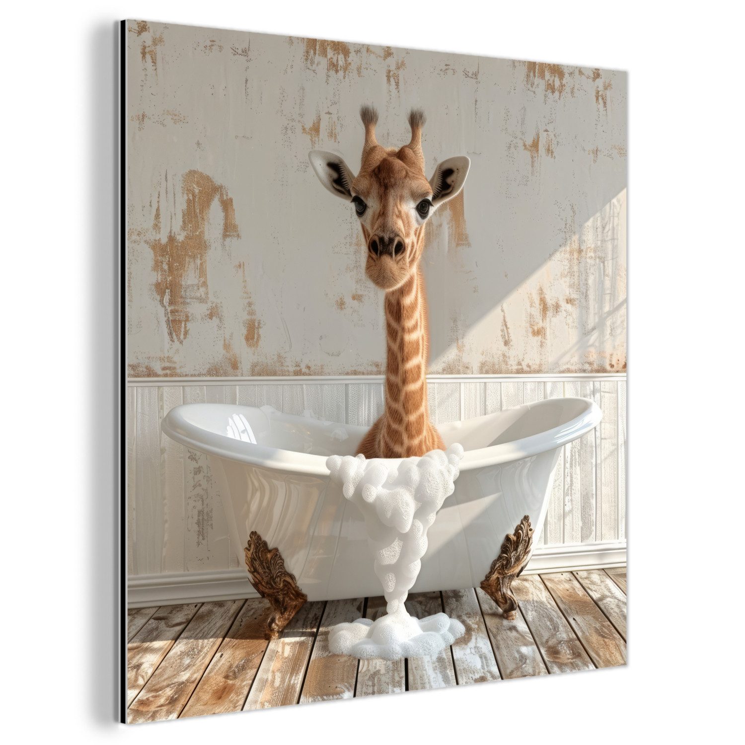 MuchoWow Metallbild Giraffe - Badewanne - Vintage - Tiere, Inkl. Aufhängung, Metallbilder Badezimmer, Toilette Bilder aus Metall, 20x20 cm
