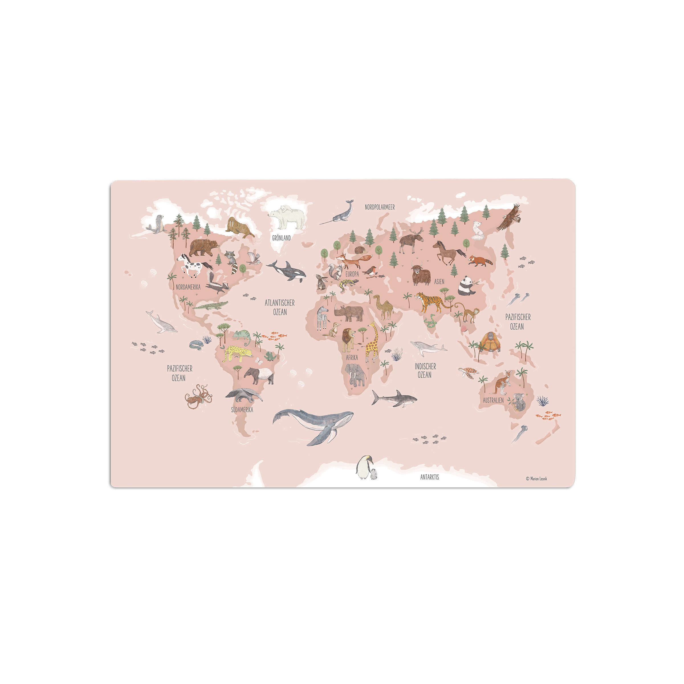 scriptum Schreibtischunterlage für Kinder – „Weltkarte Tiere rosa“ – 60 x 40 cm – aus Premium Vinyl, (1 tlg)