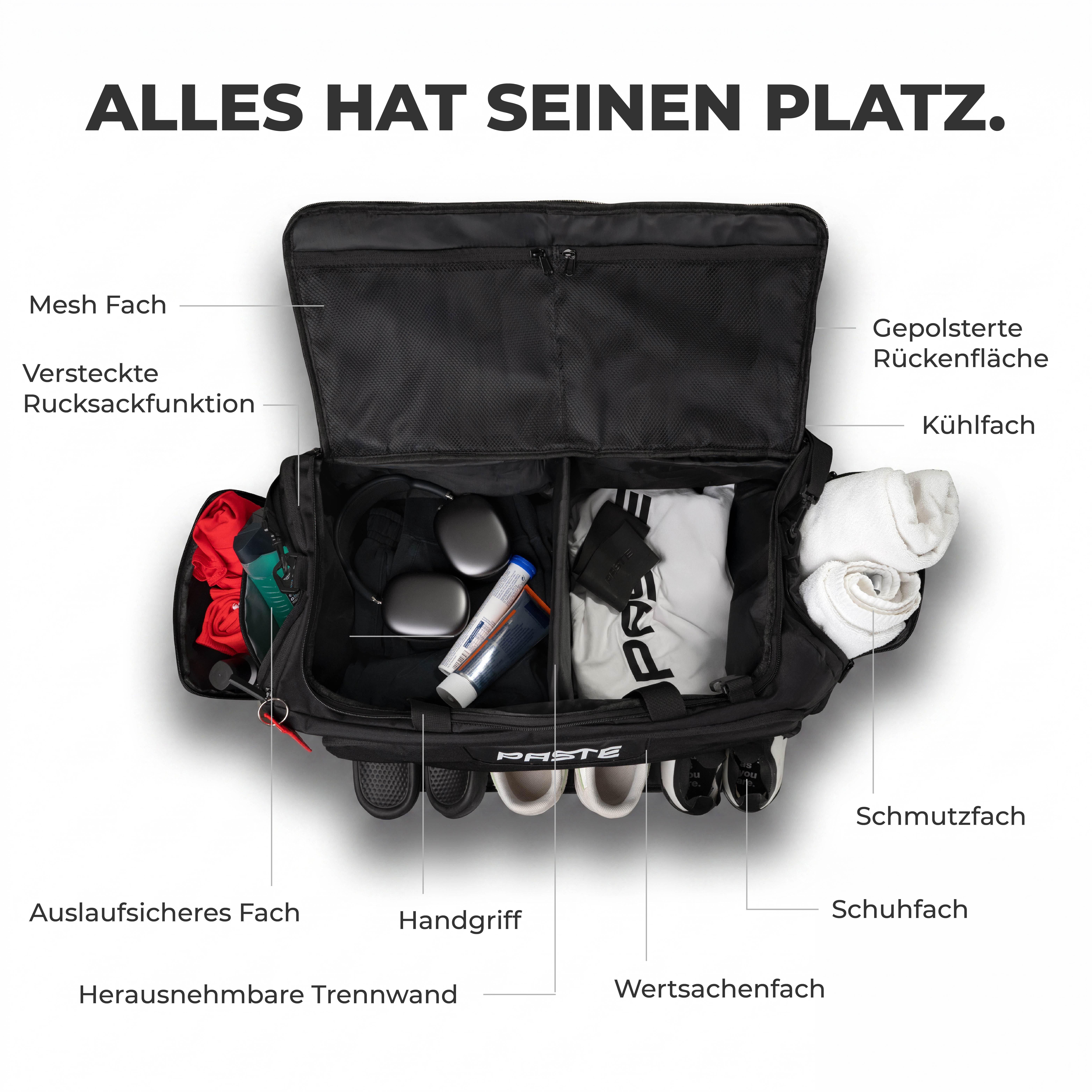 PASTE® Sporttasche & Fitness Tasche XL 68L Schuhfach, Rucksackfunktion & Kühlfach Fußball (ALL IN PRO, in Schwarz), Trainingstasche & Fußballtasche für Damen & Herren