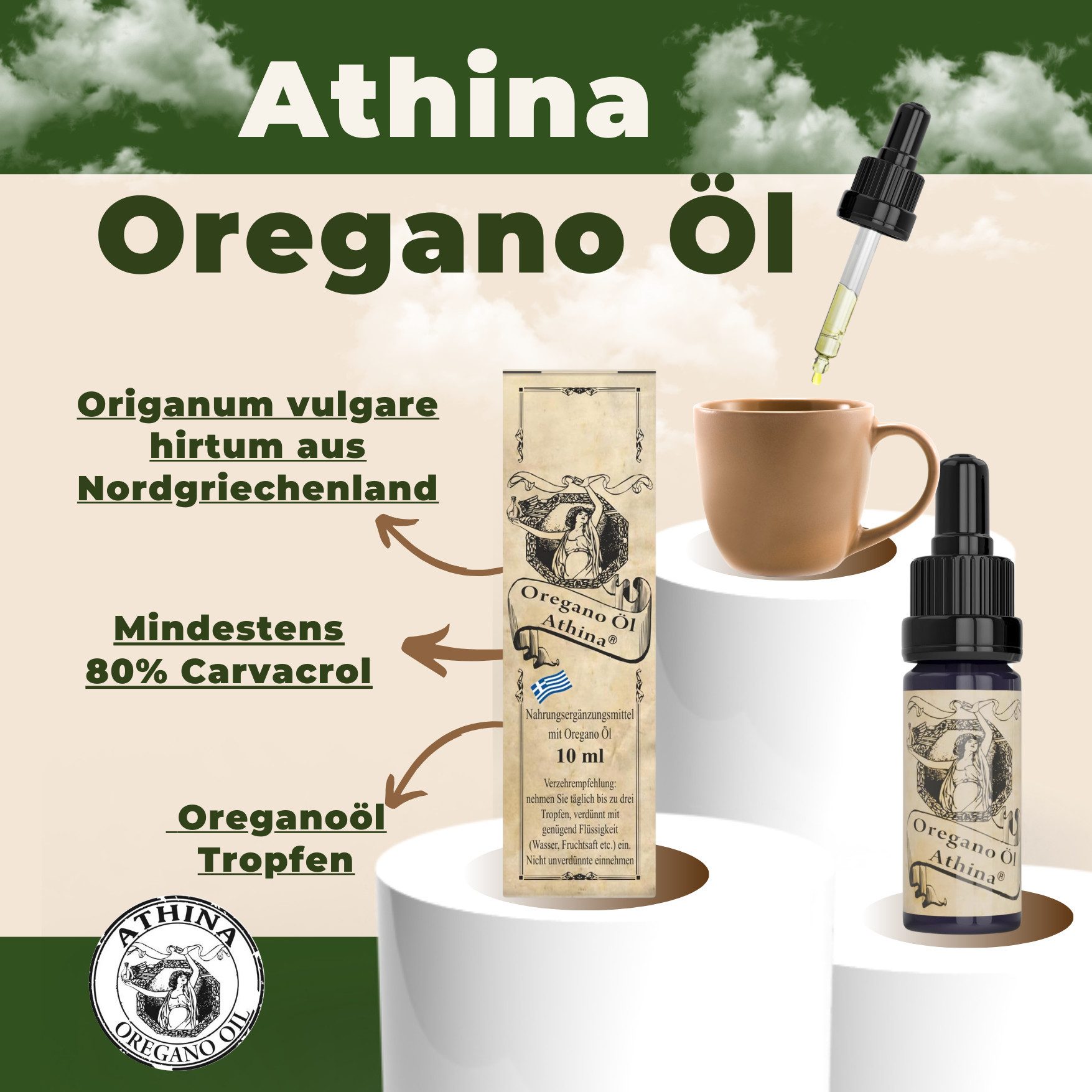 Athina Oregano Öl 80% Carvacrol Tropfen Tropfen, 10 ml