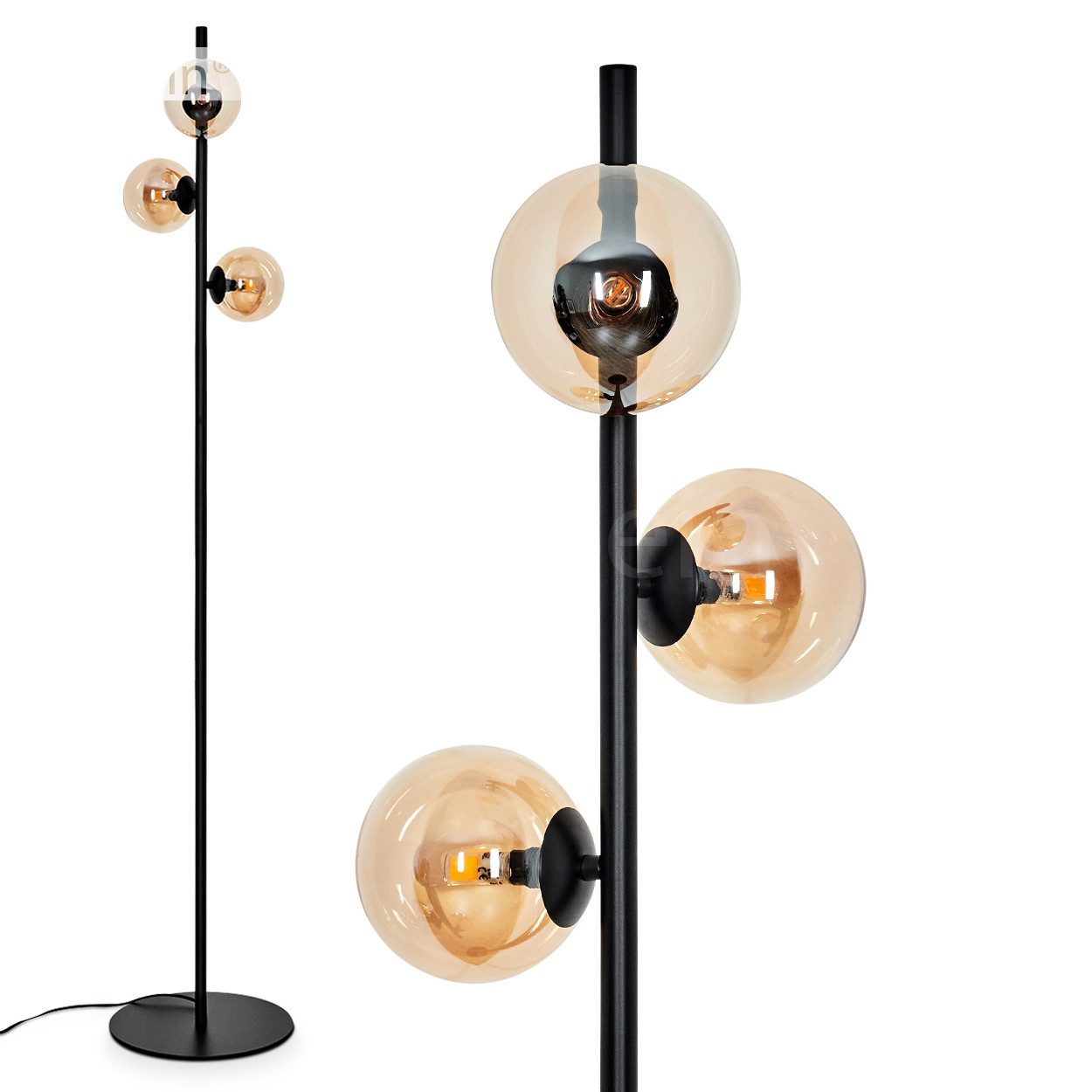 Stehlampe moderne Stehlampe aus Metall/Glas in Schwarz/Bernsteinfarben