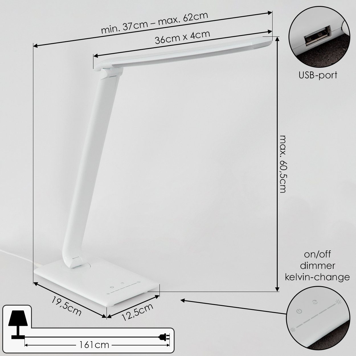 Weiß, hofstein u.USB-Anschluss, aus Tischleuchte 520 in 3000 Lumen, verstellbare Metall/Kunststoff m. Tischleuchte Touch-Dimmer Kelvin, »Nuarsaz« Ladefunktion