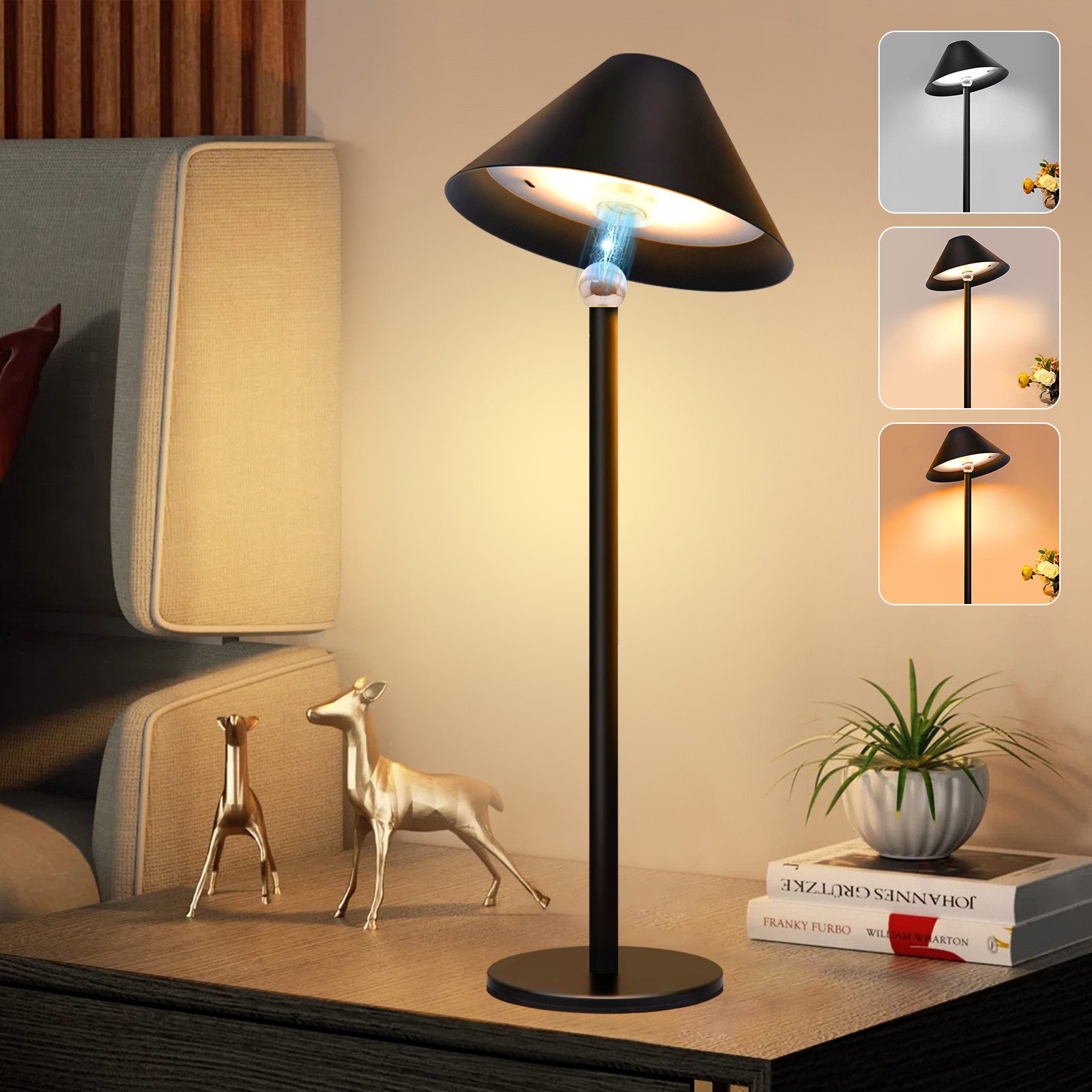 Lapalife Nachttischlampe LED Dimmbar Tischlampe Kabellos, Akku Tischleuchte, 3 Farbtemperaturen, Mit Touch Control für Indoor Nachttisch Terrasse Restaurant