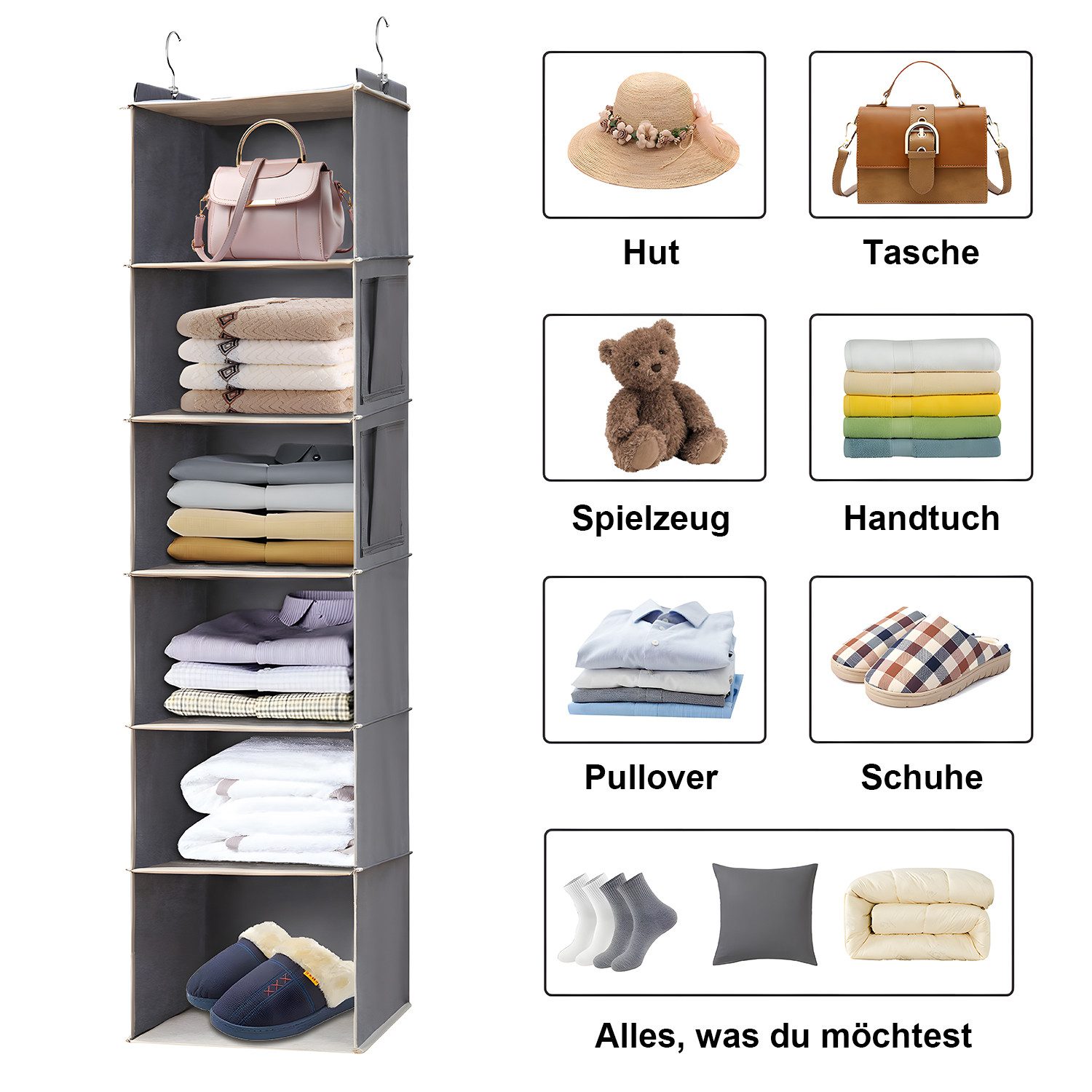 HEYHIPPO Hängeaufbewahrung Hängeregal für Schrank–6 Fächer,aus Stoff,grau,mit Bambusverstärkung (Stoff Hängeregal – hängendes Schrankregal mit 6 Fächern, platzsparend), Hängeaufbewahrung – mehrlagiger Schrank-Organizer, 30×30×120 cm