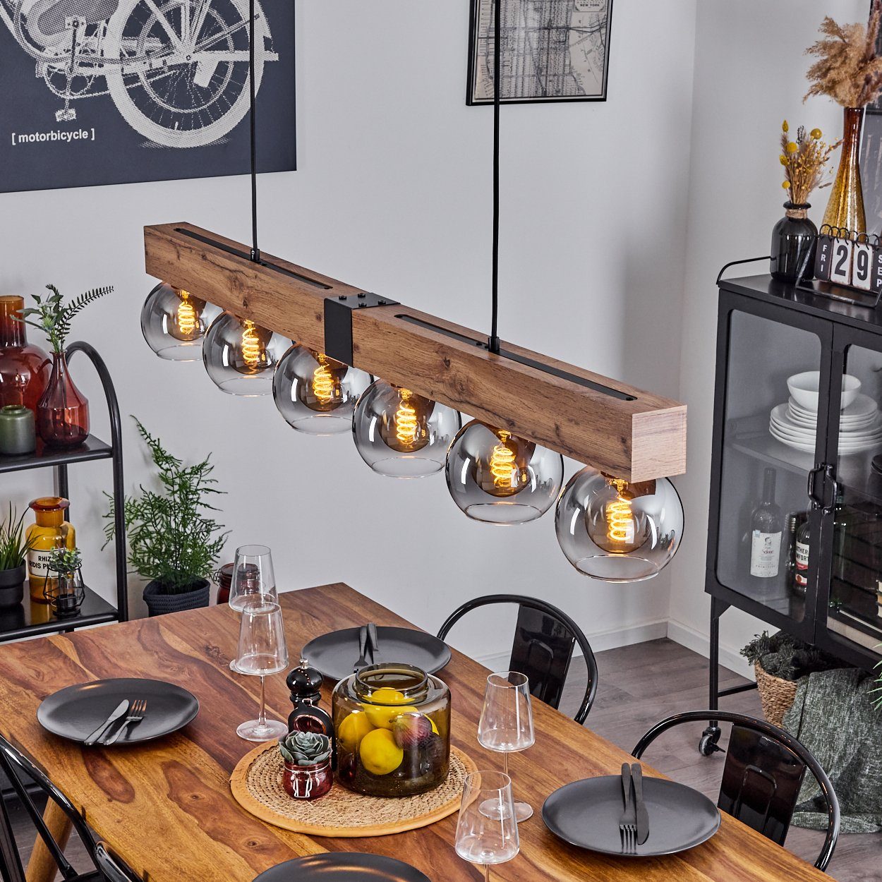 hofstein Pendelleuchte »Canove« Hängelampe, Metall/MDF/Glas, Schwarz/Holzop günstig online kaufen