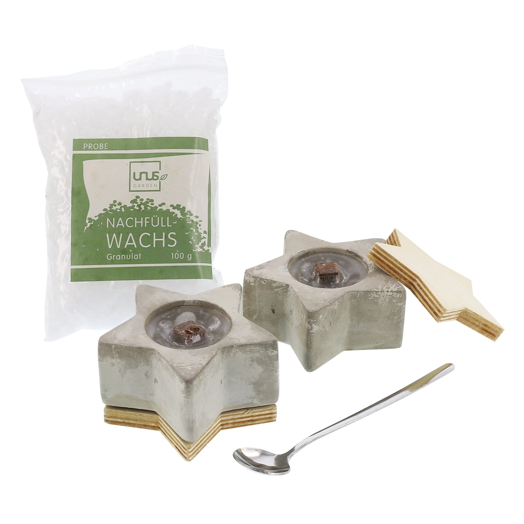 UNUS GARDEN Outdoorkerze Kerzen quaderförmig 2er Set handgemacht (inklusive Nachfüll-Wachs, Löffel und Löschdeckel), Kerzenfeuer Tischfeuer Outdoor-Tischfeuer Beton-Kerze Sternen-Kerze