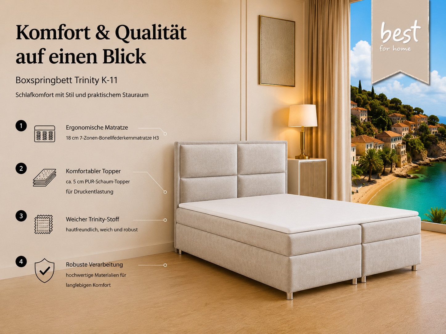 Best for Home Boxspringbett mit Bettkasten Doppelbett mit Stauraum & Topper 7-Zonen Komfort (Polsterbett Doppelbett Boxbett mit gepolstertes Kopfteil, versch. Größen, 140x200 160x200 180x200 200x200 cm), Handwerksqualität