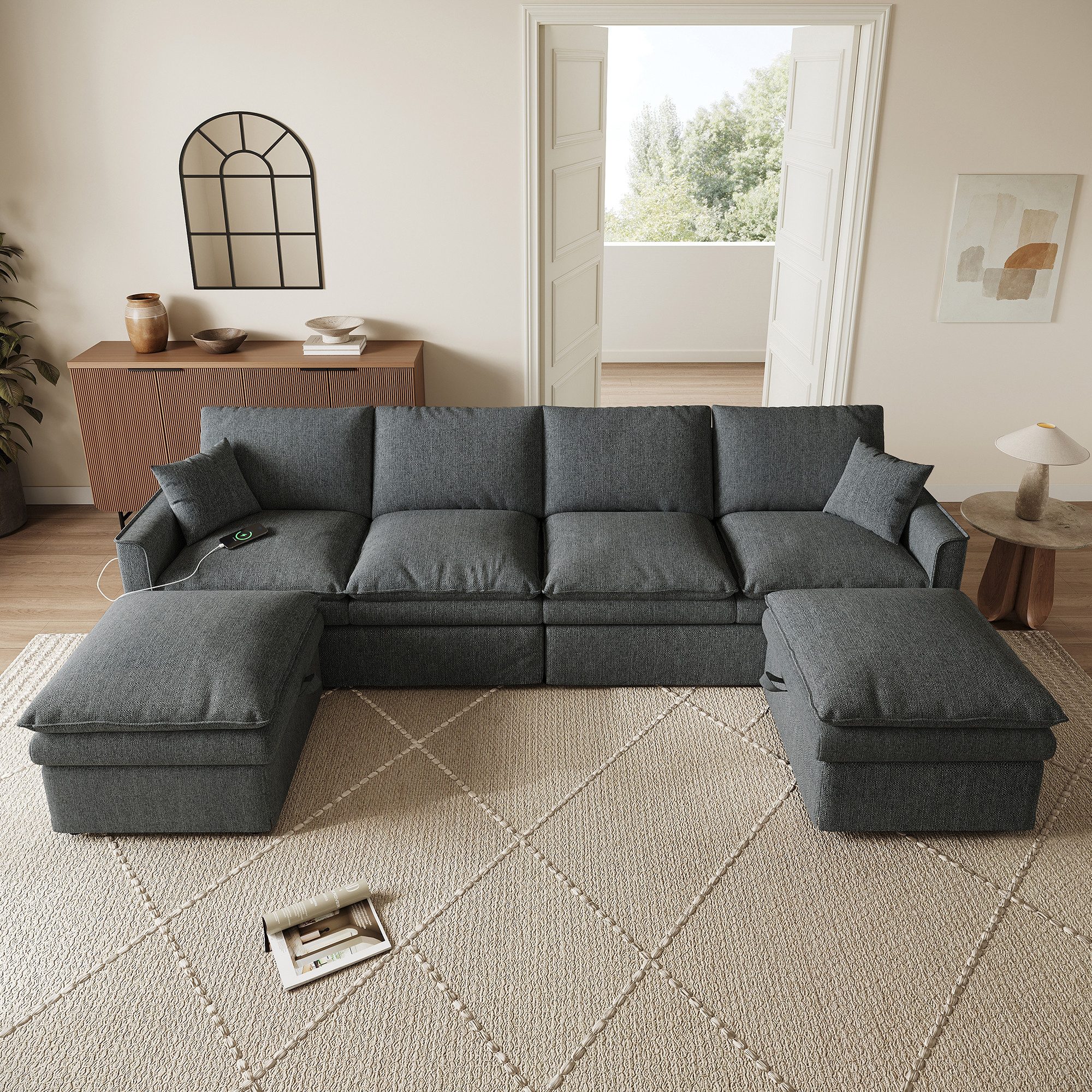 i@home 4-Sitzer 277cm Groß Modulares U‑/L‑förmiges Ecksofa, Leinen-Stoff,6‑Sitzer Sofa, Set 3 Teile, 4‑Sitzer Modulsofa mit 2 beweglichen Fußhockern mit Stauraum,Grau