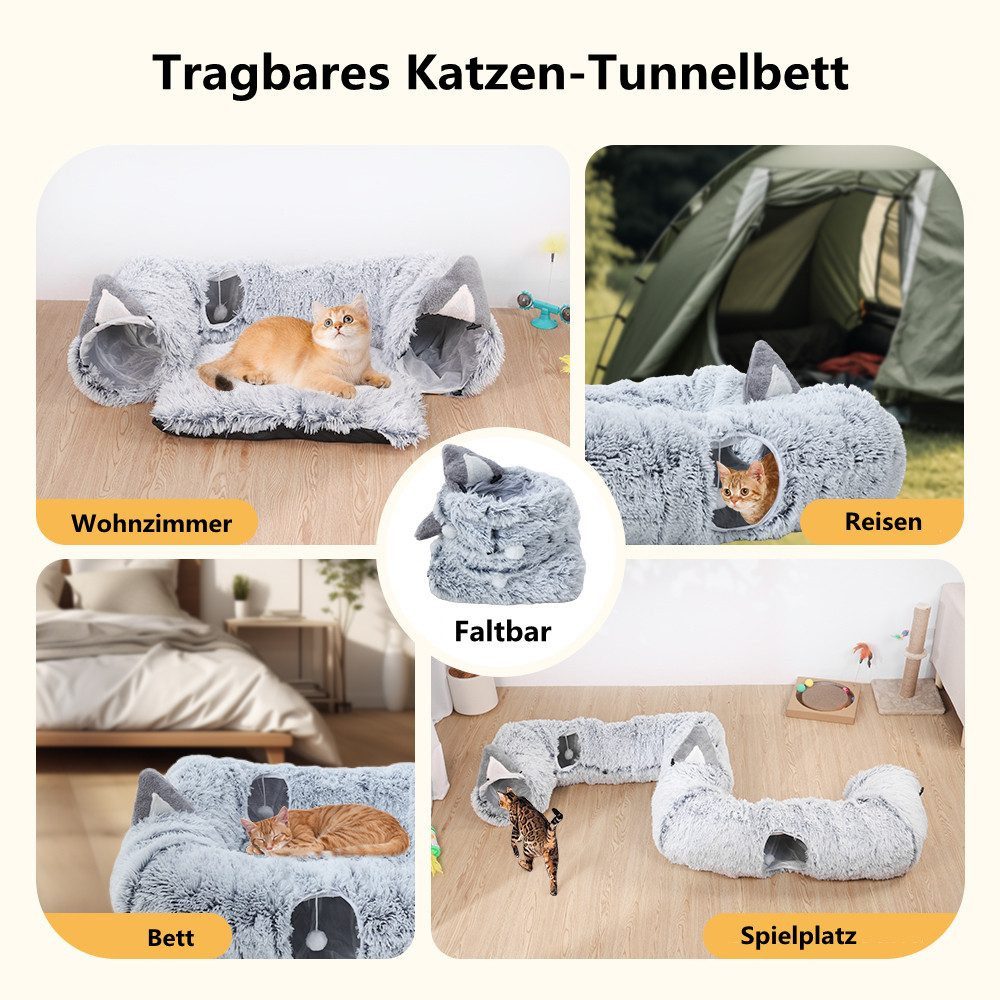 MECO Tiertunnel 2 in1 XL Katzentunnel Tierbett 103x85x25cm, Plüschiges Material, Spieltunnel mit Spielball Katzenspielzeug, Tragfähigkeit bis 10kg