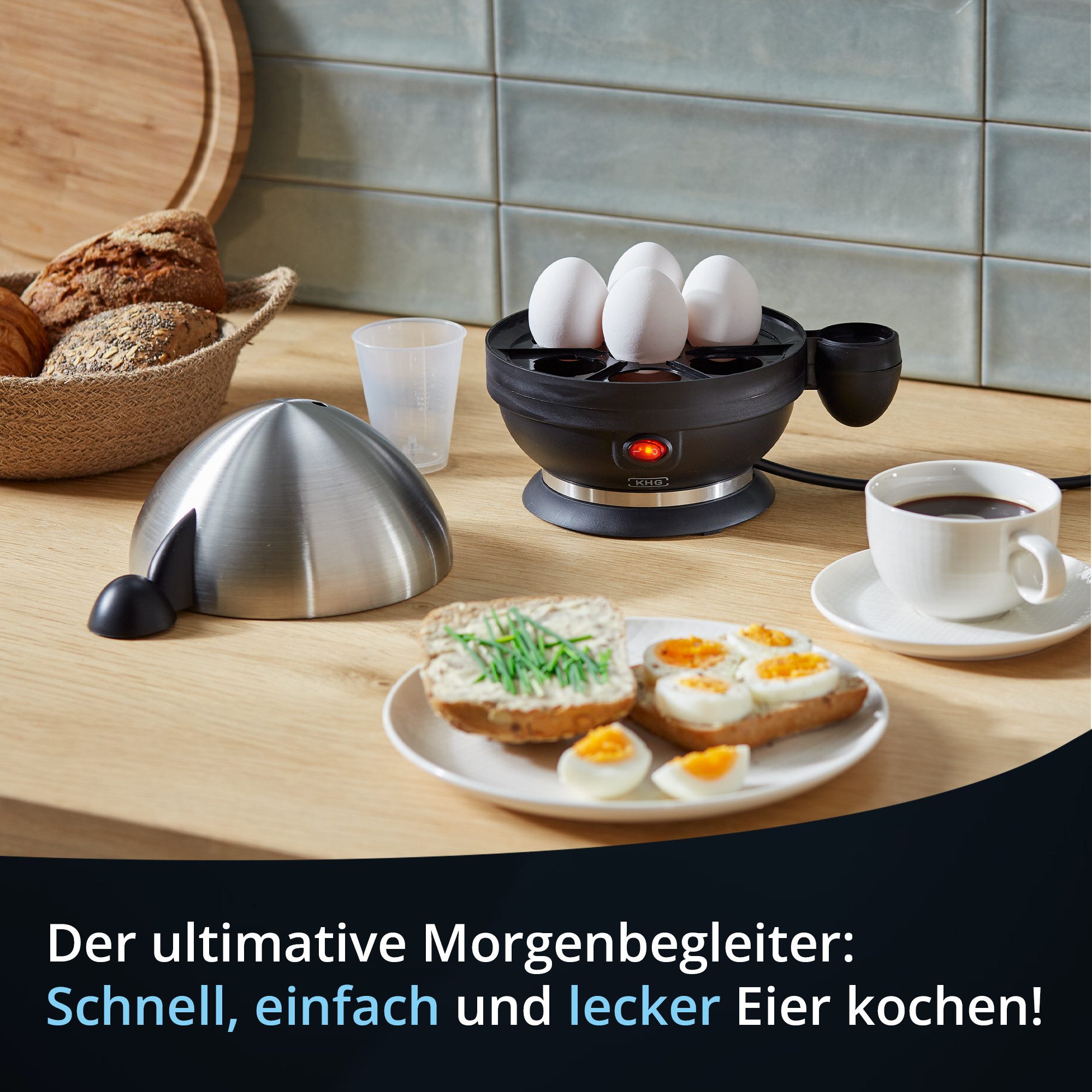 KHG Eierkocher Edelstahl, für bis zu 7 Eier, inkl. Messbecher mit Nadel, Anzahl Eier: 7 St., 380 W, Edelstahlheizplatte, Kabelfach auf der Unterseite