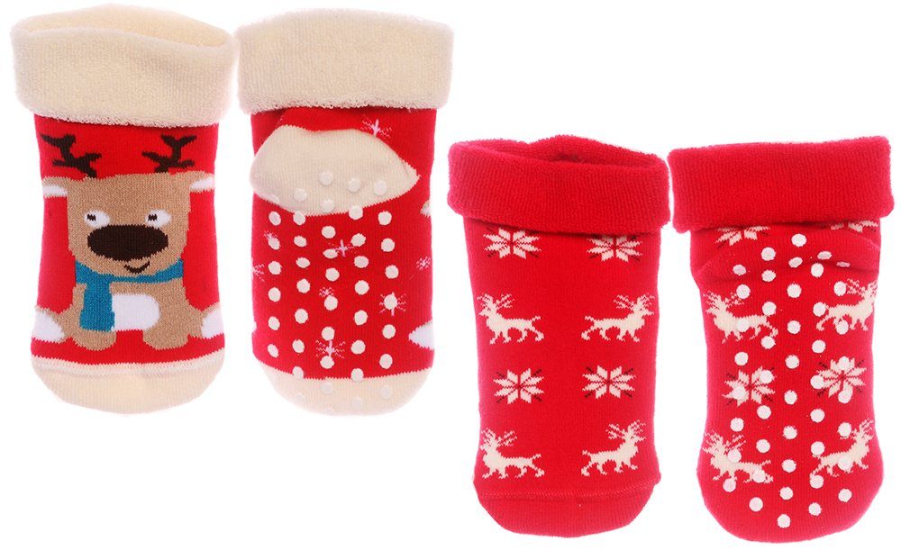 Martinex Thermosocken 1 Paar Socken Weihnachten warme Weihnachtssocken Antirutschsocken Sohle mit ABS-Noppen, für Babys und Kinder 20 22 24 26 29 31 33 35 37 Rot - Rentier