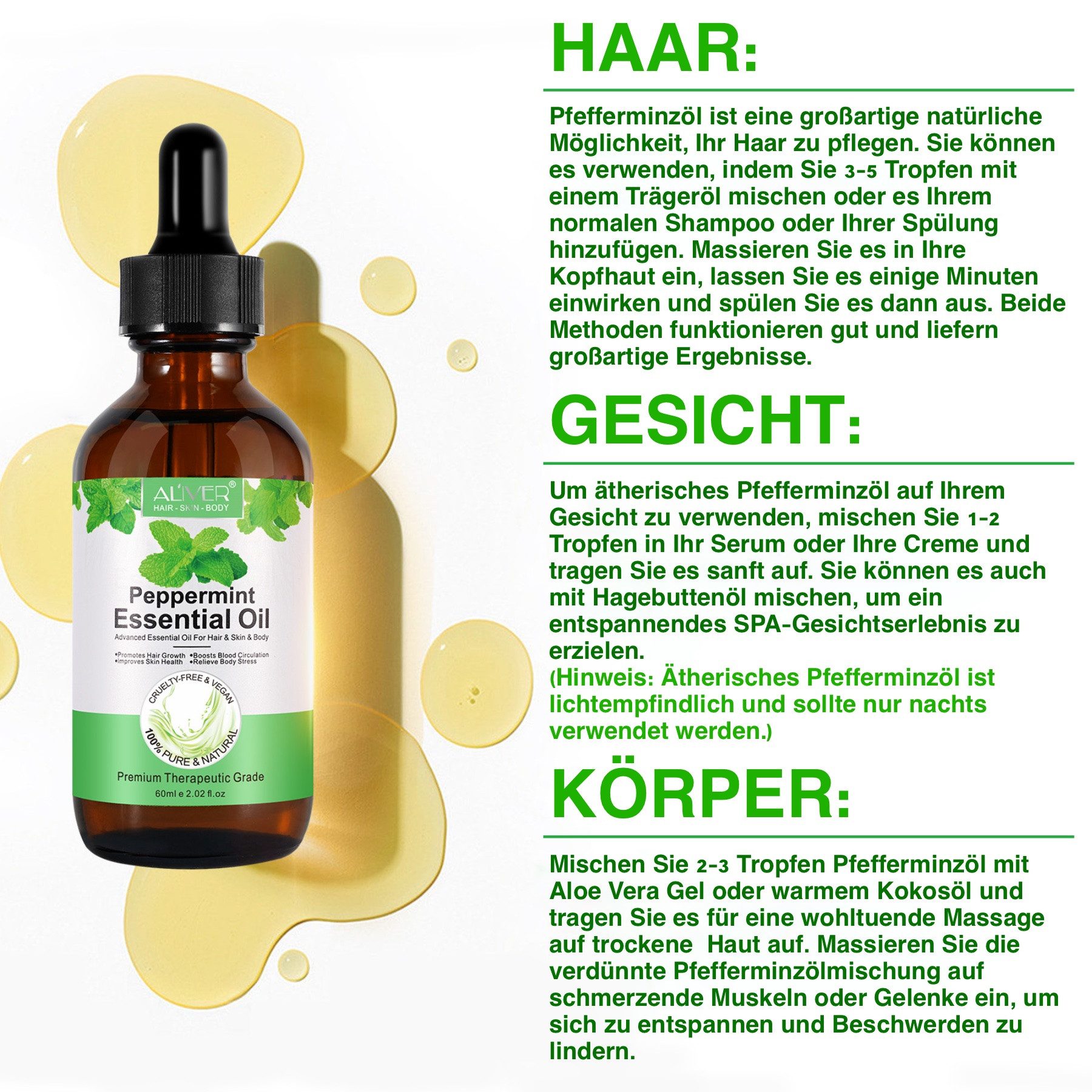 ALIVER Haaröl Pfefferminzöl Ätherisches Haaröl Hautöl Massageöl Bio Vegan Aliver, 1-tlg., Vegan