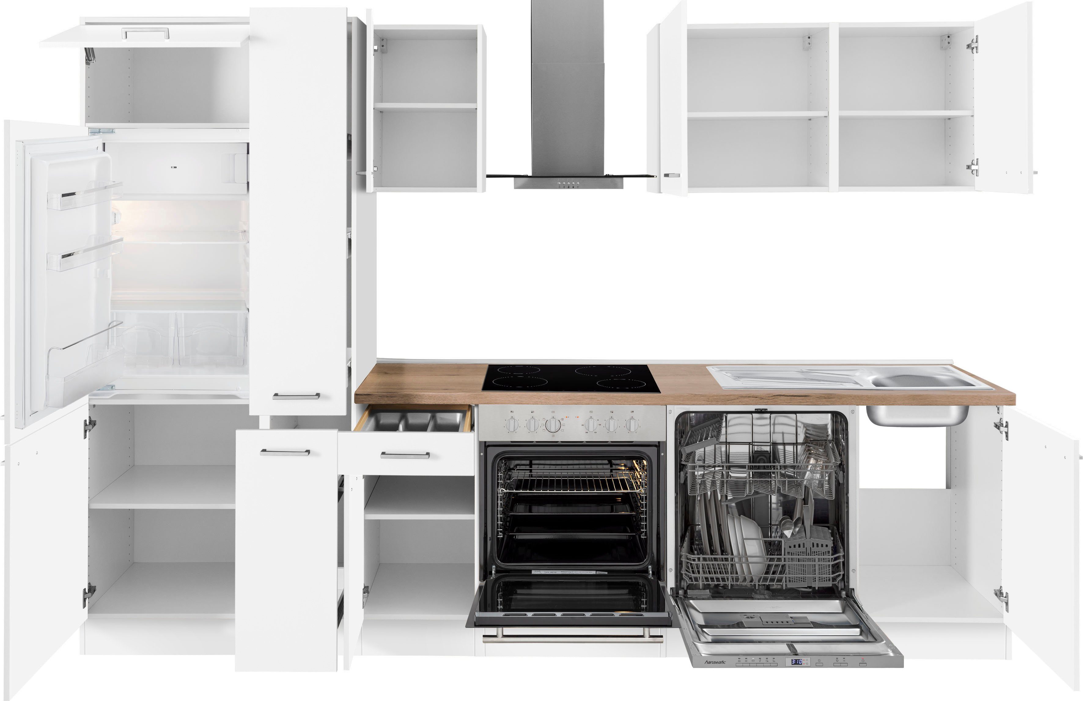 Meuble de cuisine OPTIFIT Iver, 300 cm de large, avec appareils Hanseatic, dont réfrigérateur