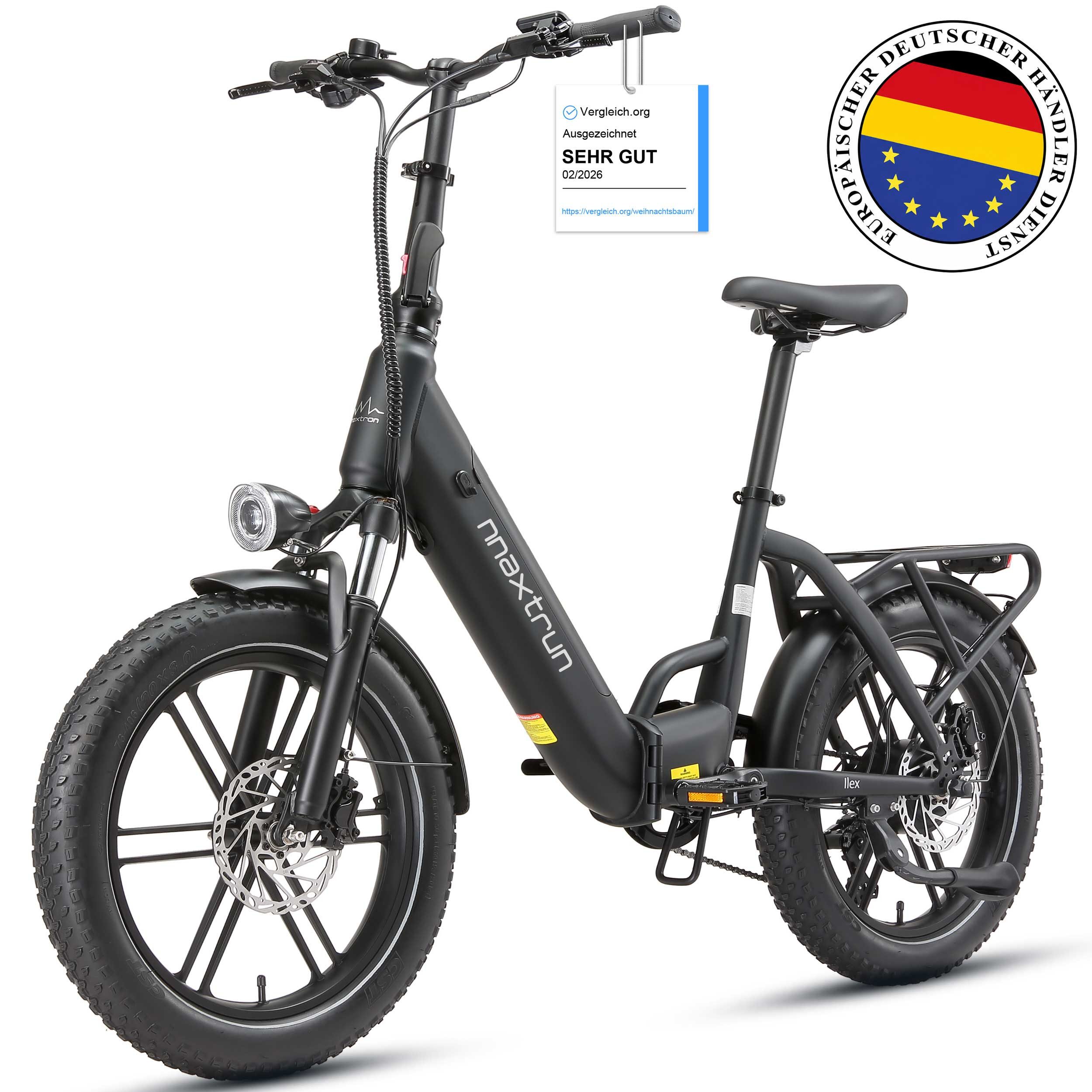 Vankel E-Bike Herren u. Damen E-Faltrad 20 Zoll 250W 691Wh 100km Fatbike Shimano, Kettenschaltung, Heckmotor, 691 Wh, Hydraulische Scheibenbremse Drehmomentsensor Federgabel 30,5 kg