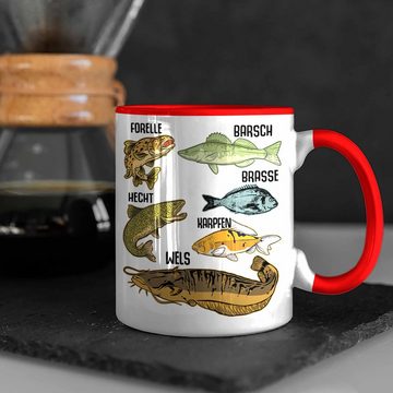 Trendation Tasse Trendation - Angler Fischer Tasse mit Fischarten Geschenk Raubfische Hobbyangler Hecht Forelle Barsch Angeln Kaffeetasse