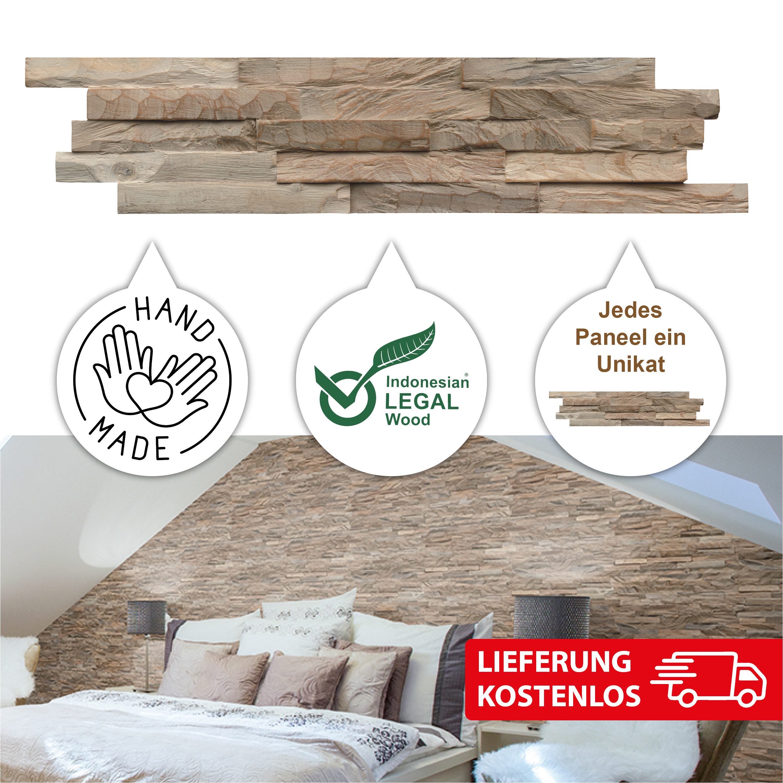 INDO 3D Wandpaneel Diamond / Classic Teak Natur, BxL: 15,00x61,00 cm, 0,10 qm, (Packung, Versandkostenfreie Lieferung) schallreduzierende Wandverkleidung mit 3D-Effekt