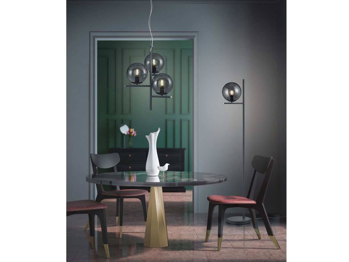 Ø Anthrazit Grau ausgefallene Rauchglas mit Glas-kugel / LED Lampen-schirm wechselbar, LED Pendelleuchte, meineWunschleuchte Warmweiß, hängend Dimmfunktion, 3x 40cm