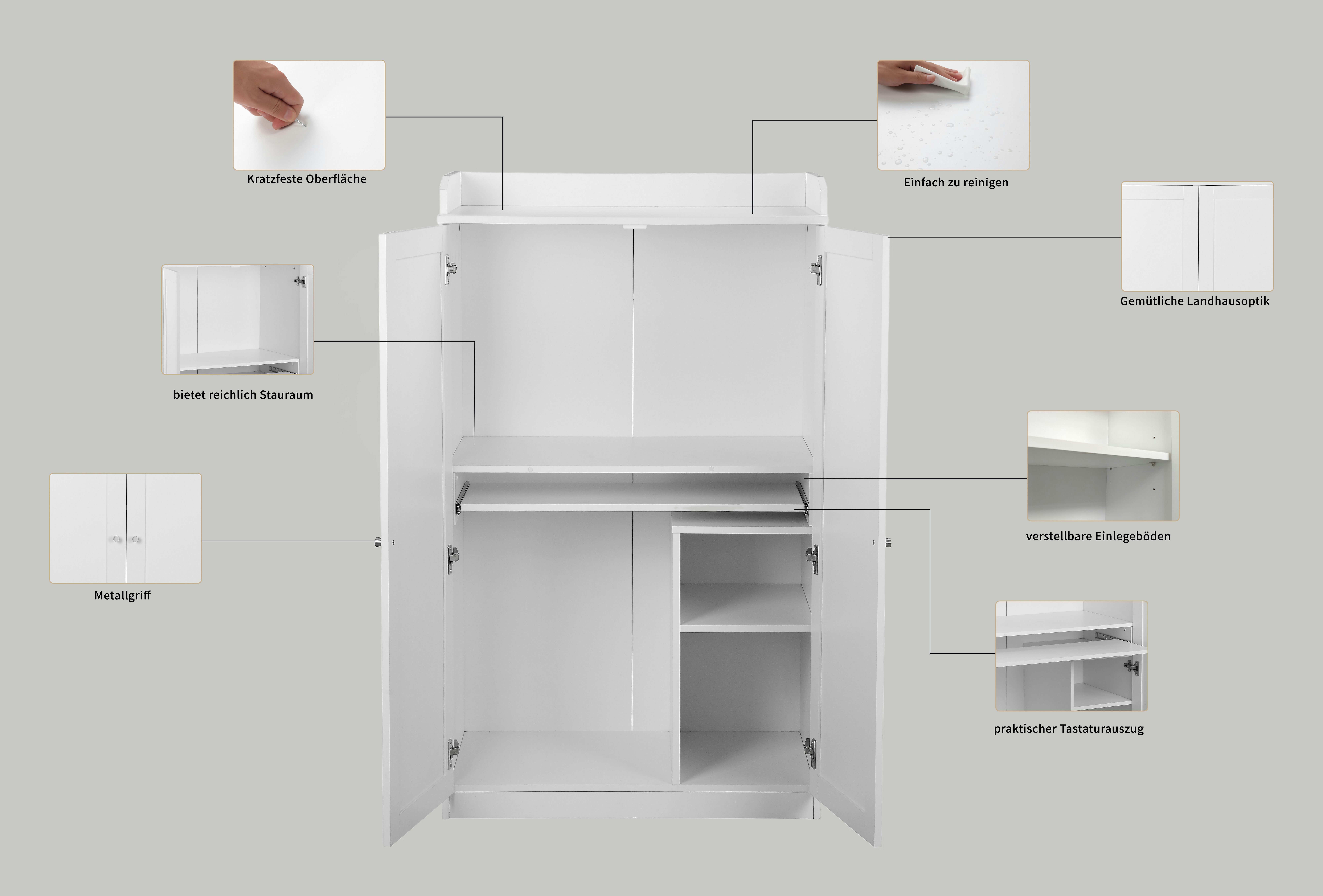 OTTO home Sekretär Aalborg, PC-Schrank im Landhaus-Stil, Tastaturauszug, Stauraum, 80x134,5 cm