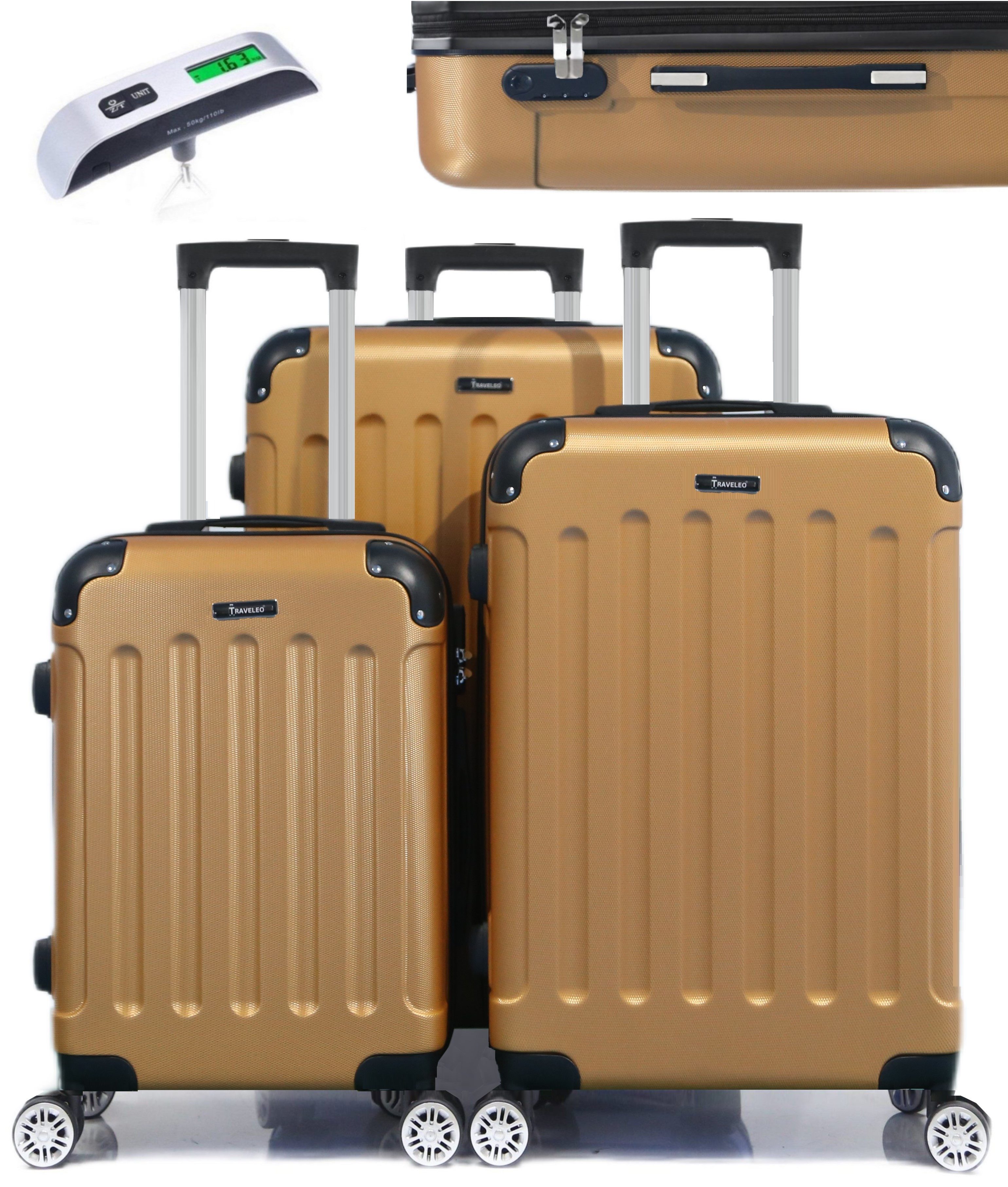 KESSMANN Kofferset 3 teilig Hartschalenkofferset M L XL Koffer + Digitale Kofferwaage, 4 Rollen, (Reisekofferset, 4 tlg., Schloss Teleskopgriff Gepäck Urlaub Zubehör Reise Hartschale Trolley), Reisetasche Kofferset groß mittel klein Handgepäck Gepäck Rollkoffer