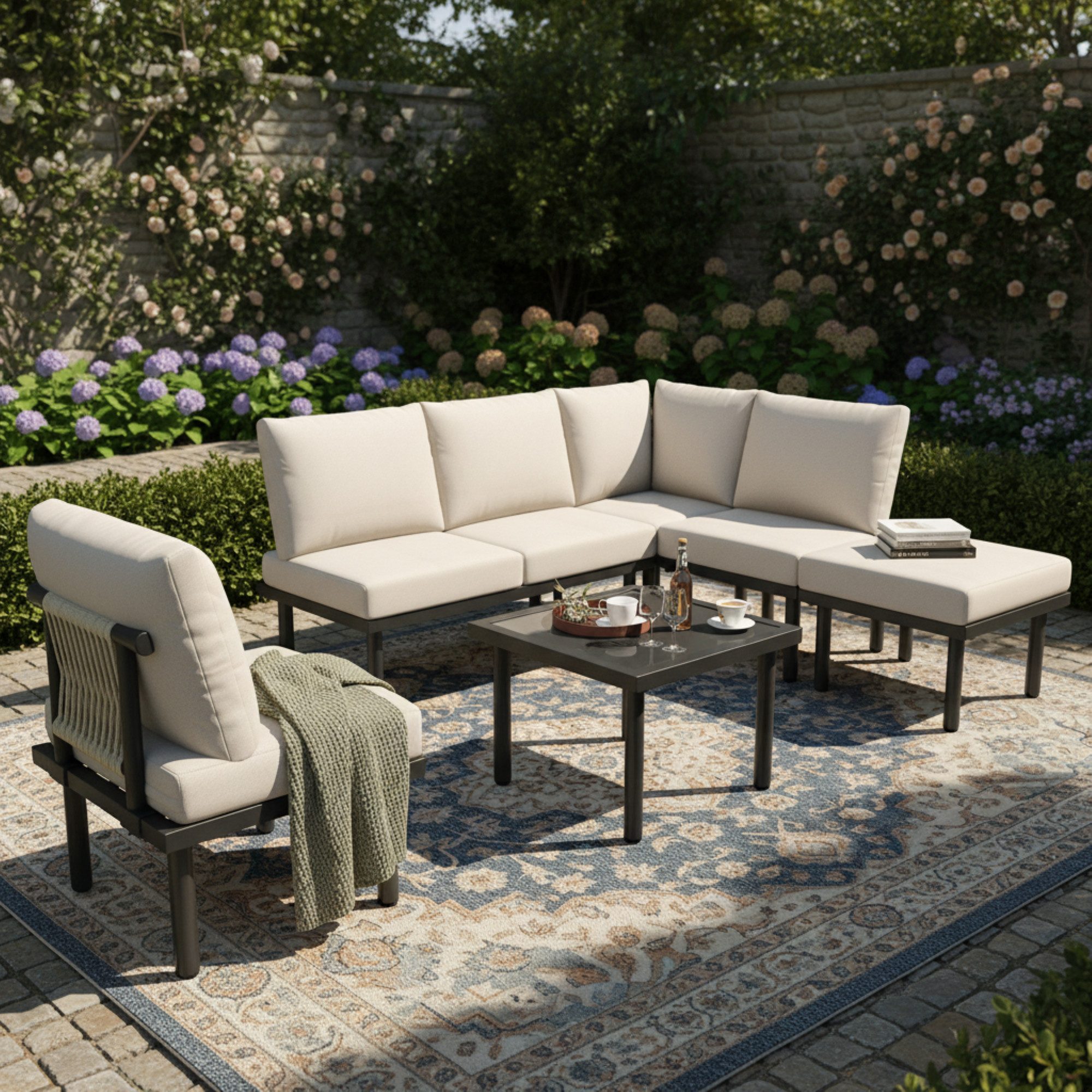 MC Star Gartenlounge-Set Garten-Loungesessel-Set mit verzinktem Eisenrahmen, 6er-Set, (Gartenmöbel-Set aus Seil, beige geflochtenes Seil, verstellbare Füße, glatte Glastischplatte, inkl. aller Sitz- und Rückenkissen, beige)