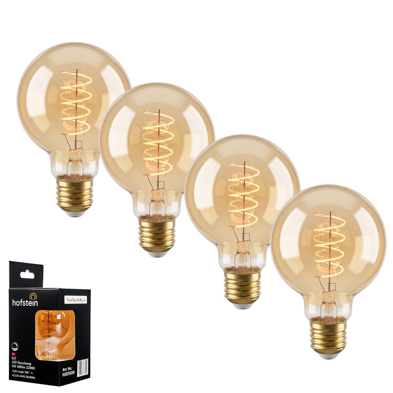 hofstein LED-Leuchtmittel 4er Set Glühbirne Extra Warmweiß dimmbar 6 Watt, E27, 2200 Kelvin, 400 Lumen, Globe Vintage, Filament Spirale, Amber