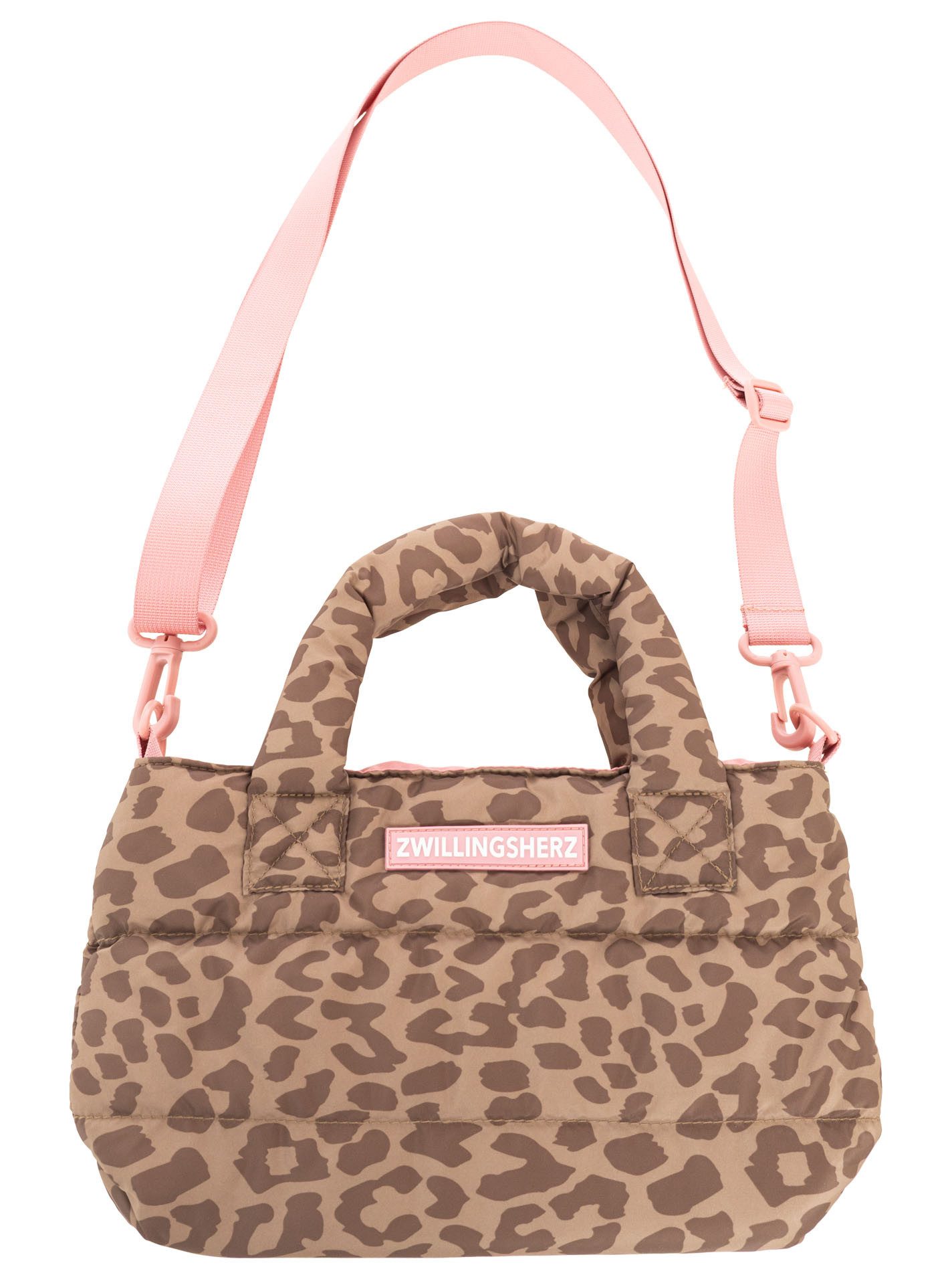 Zwillingsherz Tragetasche "Leo allover", Animalprint, pinkes Logo, abnehmbarer Schulterriemen