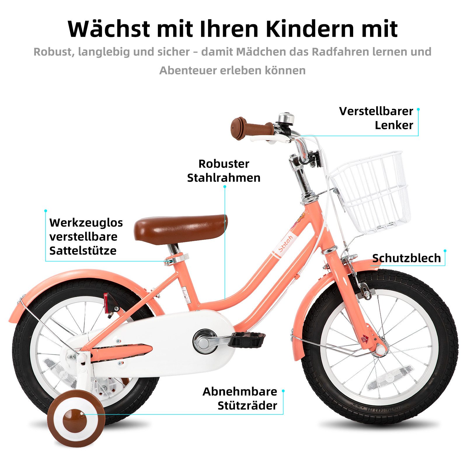 JOYSTAR Kinderfahrrad 12 14 16 18 Zoll Fahrrad, geeignet für 3–8 Jahren Jungen und Mädchen, Ausgestattet mit Doppelhandbremsen, Stützrädern, Schutzblechen, Korb