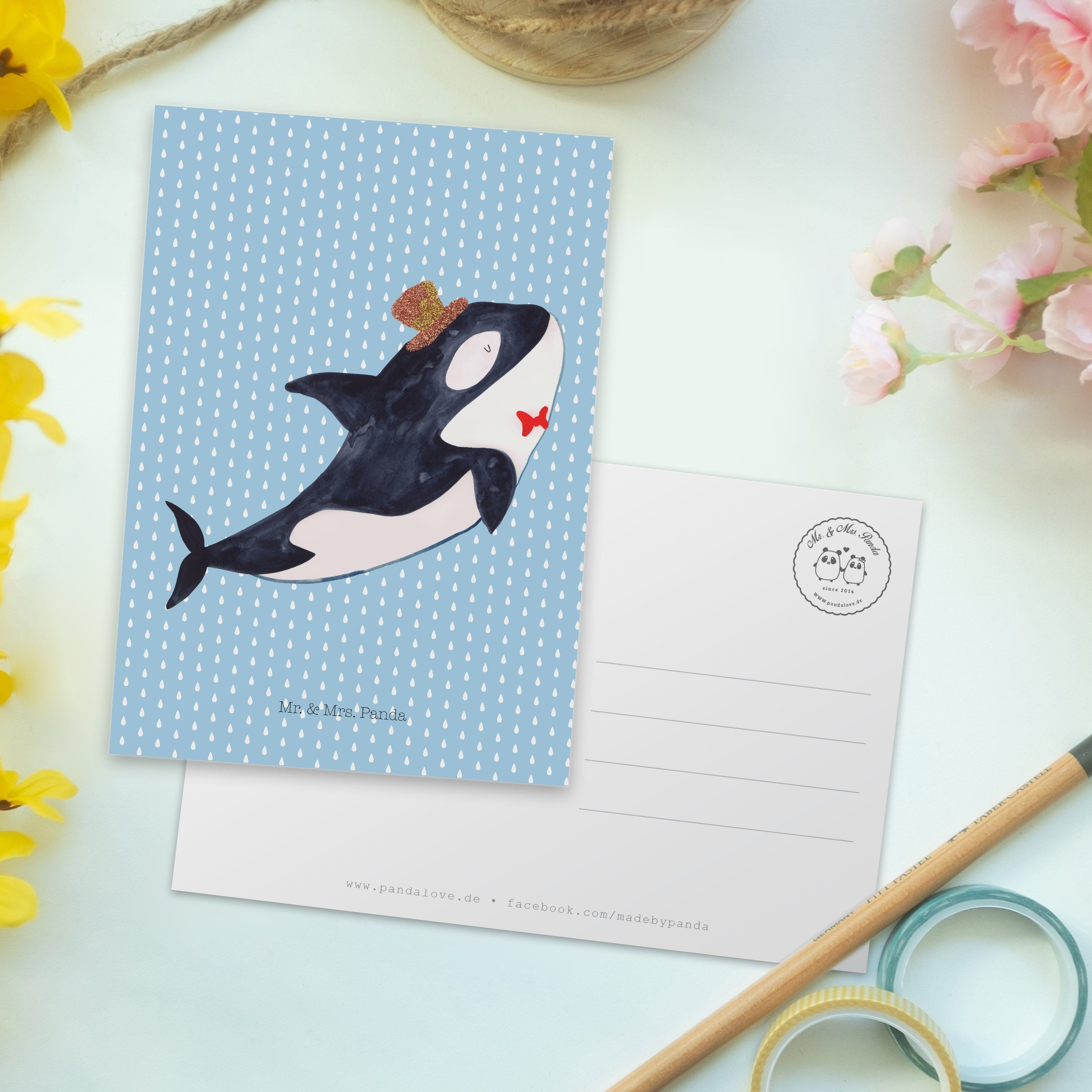 Zylinder Einladung, Orca Blau - Geschenk, Mrs. Geburtstag, & Mr. Panda Pastell Postkarte Karte -