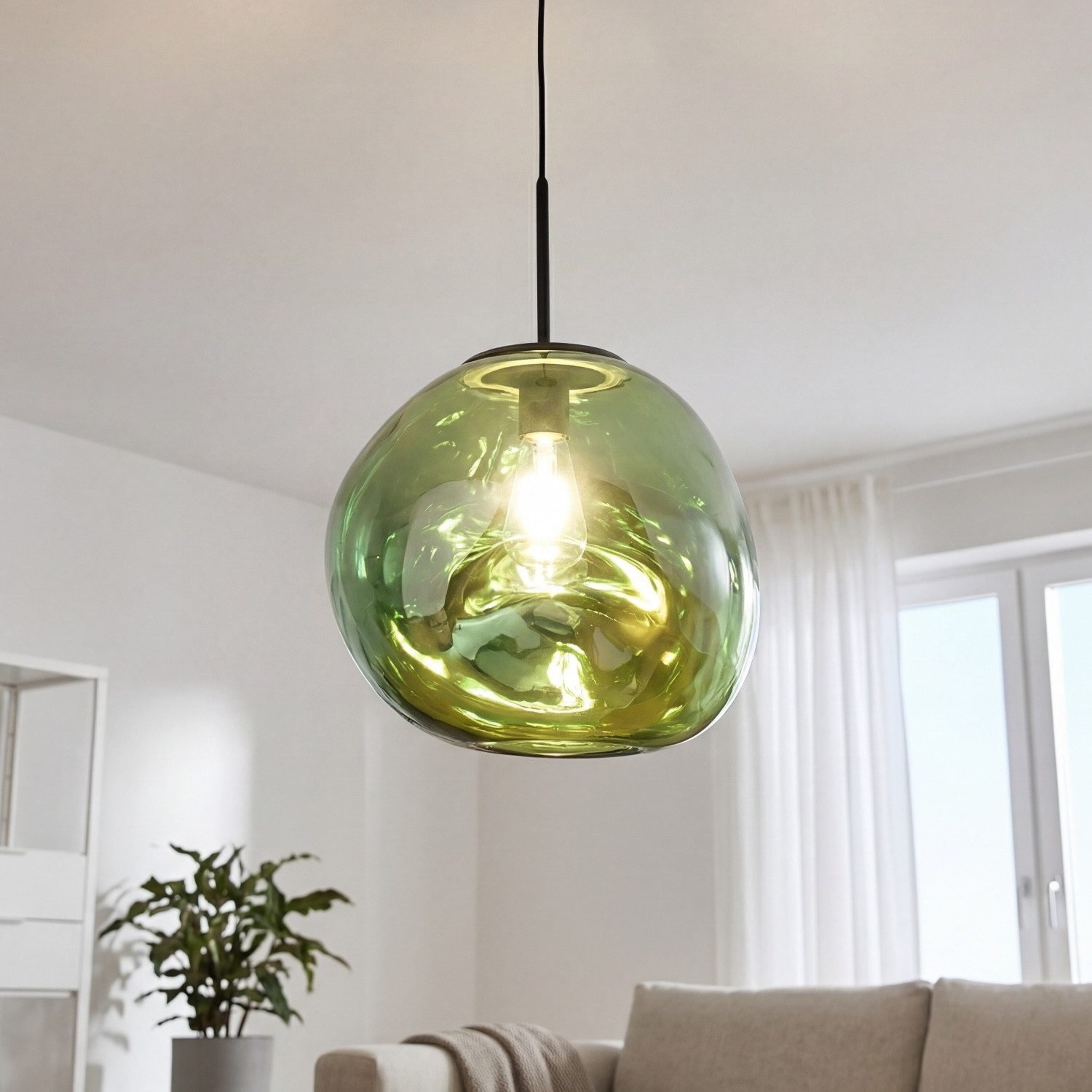 Licht-Erlebnisse Pendelleuchte CLONLINA, ohne Leuchtmittel, Glas Grün Metall Lava-Glas verspiegelt E27 Ø36 cm Esszimmer Wohnzimmer