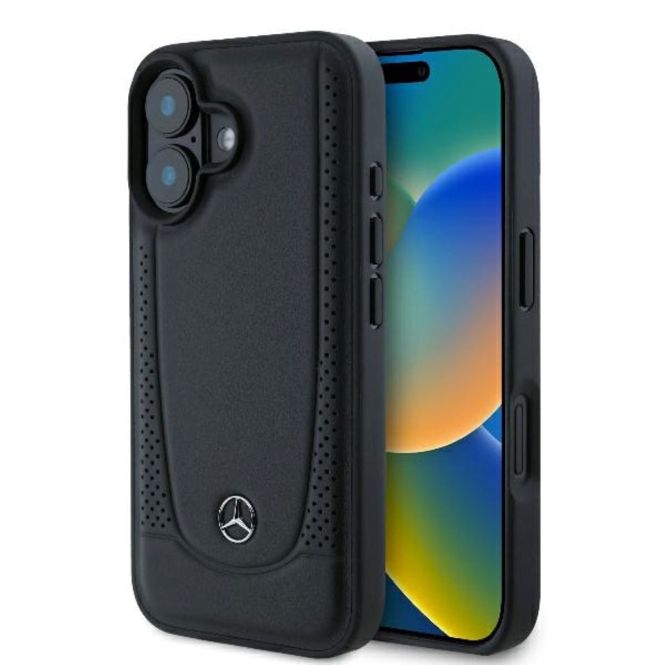 Mercedes Benz Handyhülle iPhone 16 Echtleder schwarz Stern Metall 6,1 Zoll, Kantenschutz