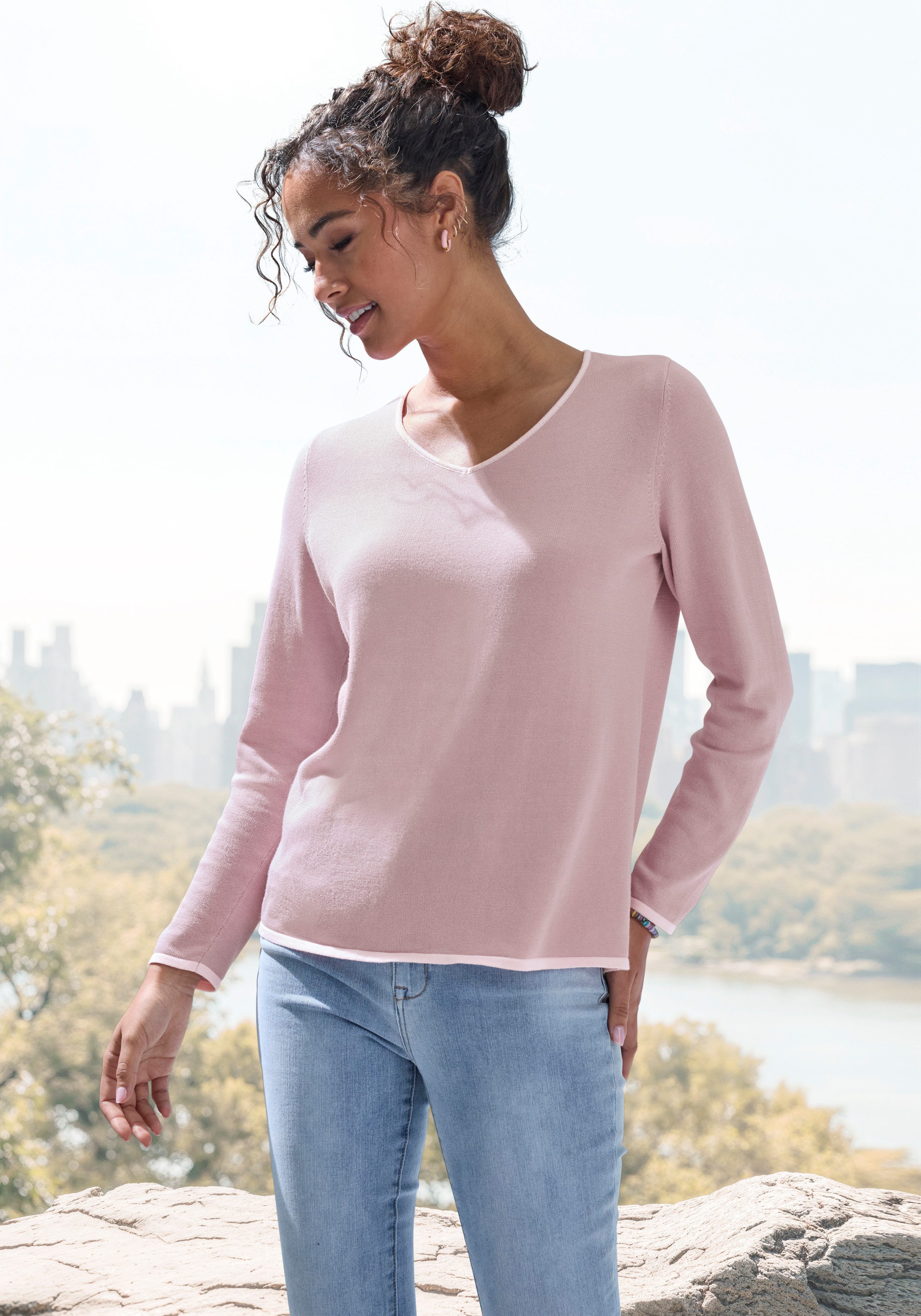 Vivance V-Ausschnitt-Pullover mit Kontrastkanten, Basic-Pullover aus weichem Feinstrick, casual