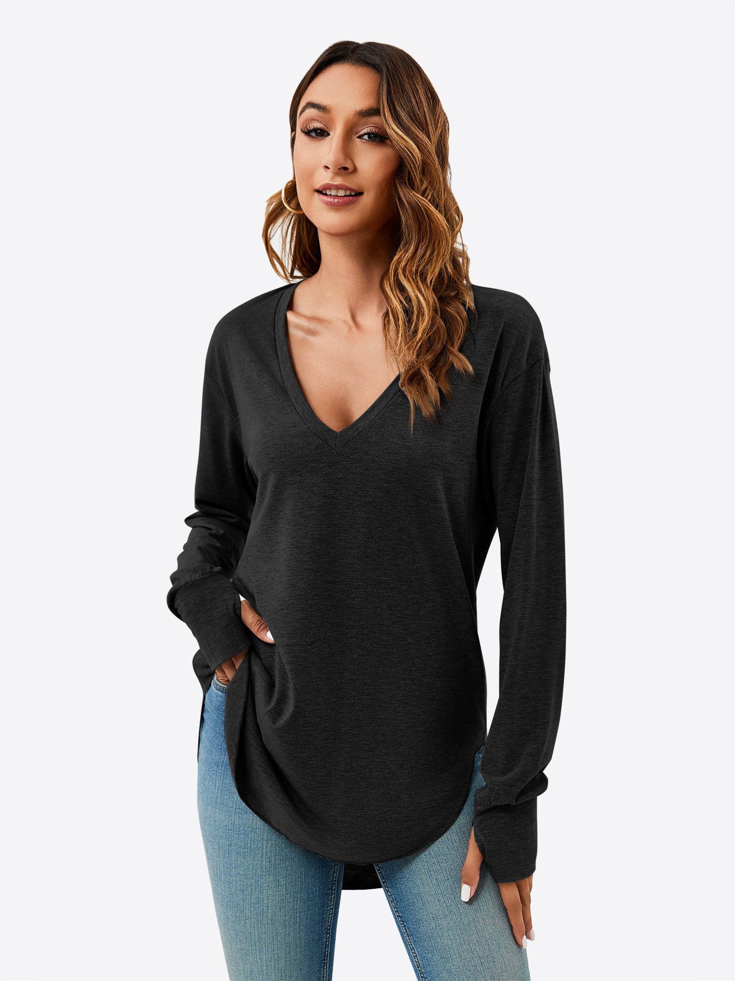 Imily Bela T-Shirt Damen Langarmshirt Oversize mit tiefer V-Ausschnitt (Pac günstig online kaufen