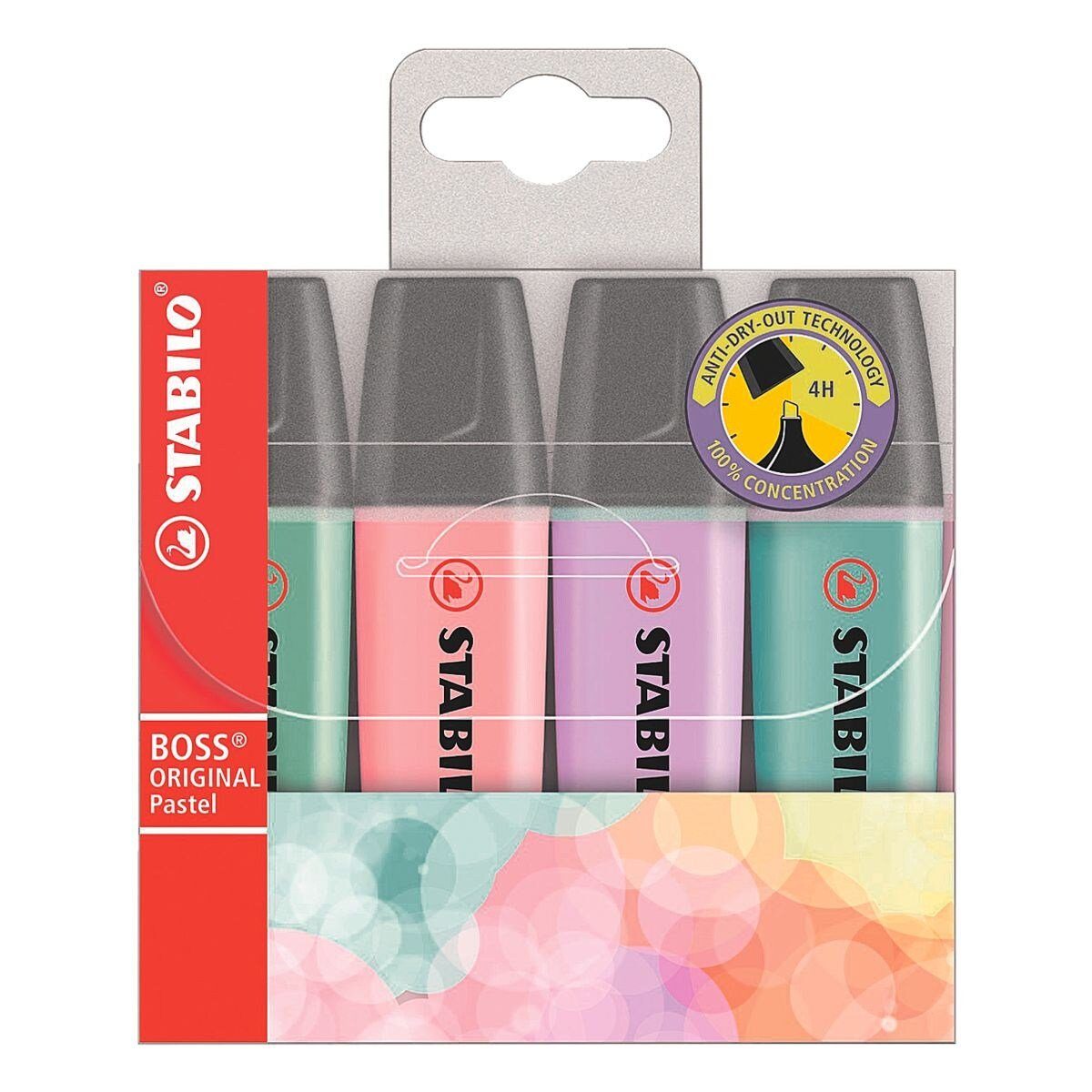 STABILO Marker BOSS® Original Pastell, (4-tlg), Textmarker Pastellfarben minzgrün, rosiges rouge, türkis, lila