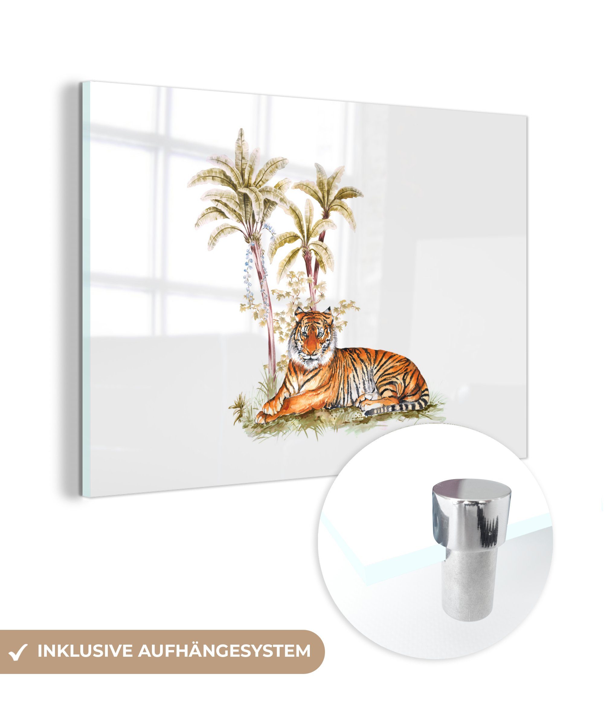 MuchoWow Acrylglasbild Tiger - Baum - Gemälde, (1 St), Acrylglasbilder Wohnzimmer & Schlafzimmer