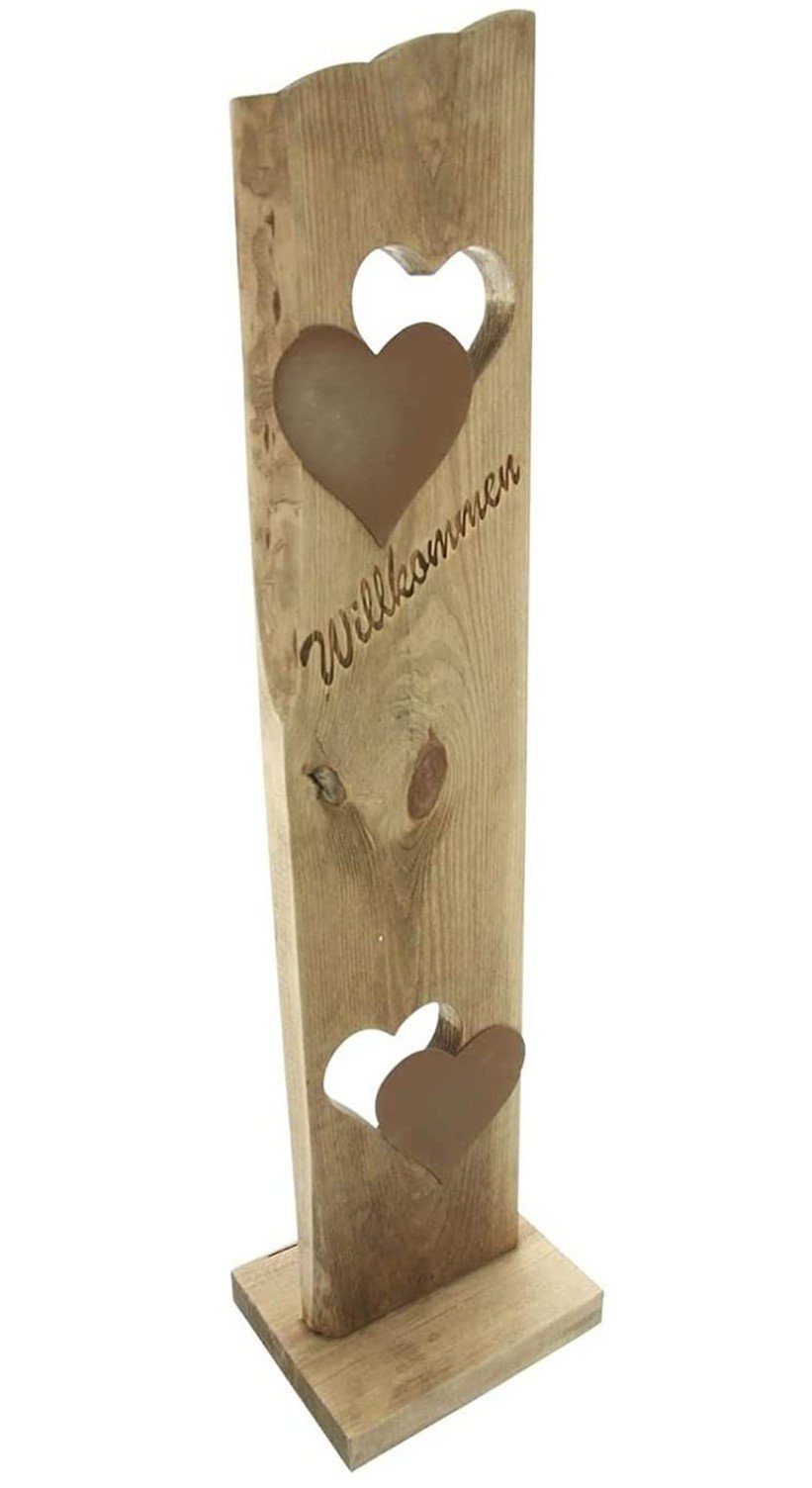 Dekoleidenschaft Dekosäule "Willkommen" aus Holz 80 cm hoch mit 2 Herzen aus Metall in Rostoptik, Welcome Holzdeko, Eingangsbereich, Eingangsdeko, Säule