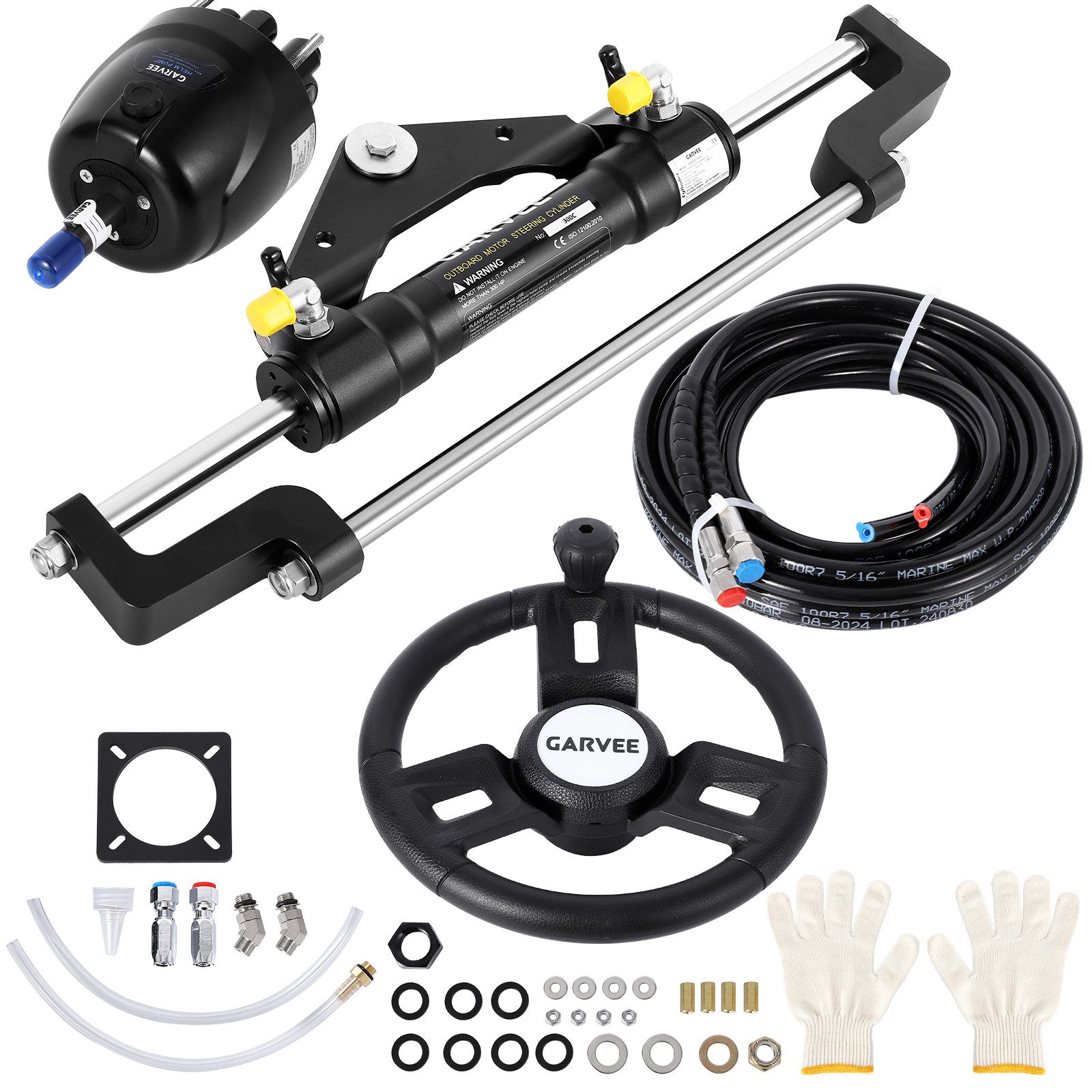 GarveeMore Hydraulisches Lenksystem für Boote, für Motoren bis 300 PS Lenkrad (2x 6,1 m Hydraulikschläuche, Aluminiumgehäuse, korrosionsbeständig)