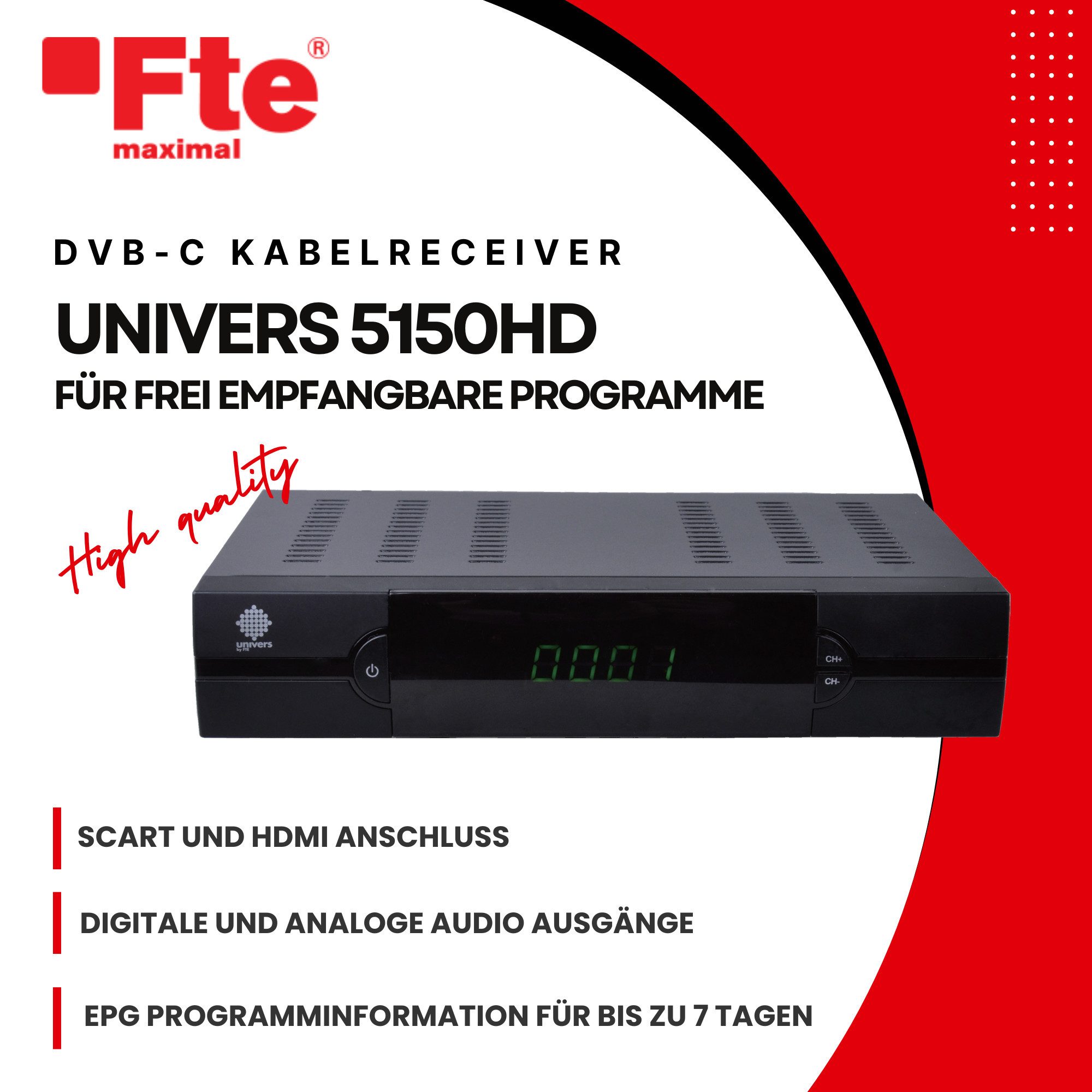 Univers DVB-C Receiver Univers 5150HD Kabel-Receiver 2.0 (EPG, HDMI, USB, SCART, mit Aufnahmefunktion)