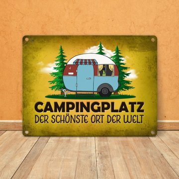 speecheese Metallschild Campingplatz Metallschild in gelb mit Wohnwagen Motiv Wohnmobil Hobby