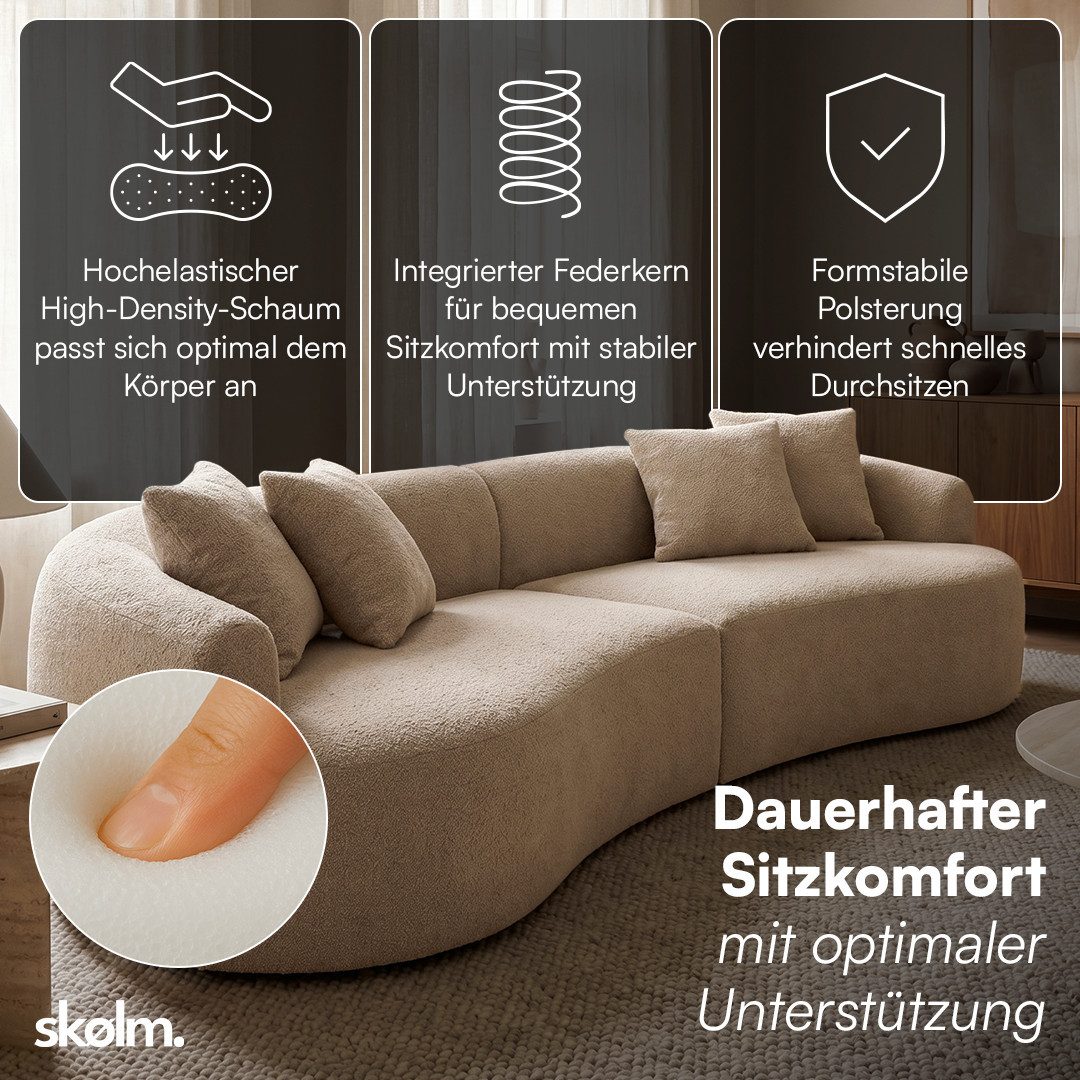 skølm Sofa Loki aus Teddy-Bouclé-Stoff, Vollschaumcouch mit Vakuum-Kompression, Beige, Couch 4 Sitzer mit 4 Kissen, kein Aufbau notwendig