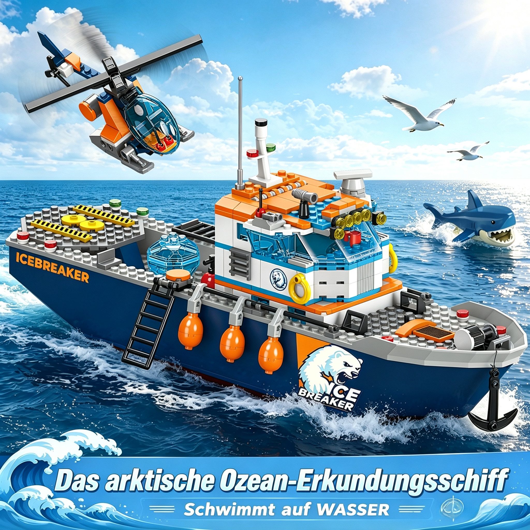 Hotmas Schwimmfähiges Ozean Forschungsboot Klemmbausteine Set Spielbausteine, (Set, 482 St., Ozean Forschungsboot mit U-Boot und Hubschrauber) – Bild 4 von 5