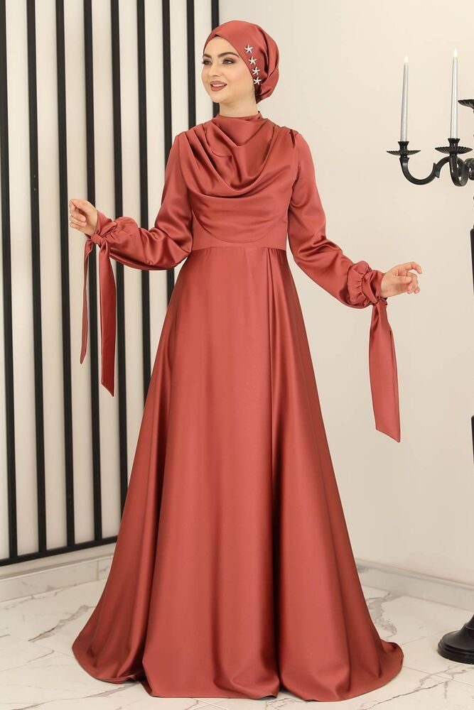 fashionshowcase Abendkleid Damen Maxikleid Satinkleid langarm Modest Fashion