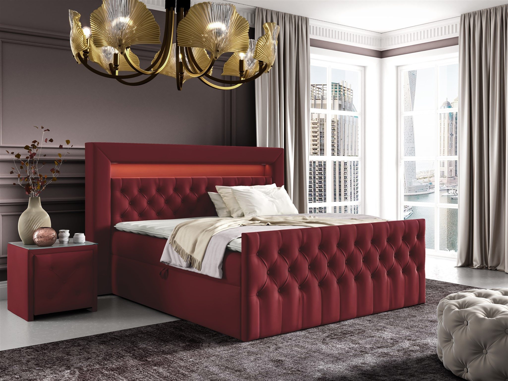 Fun Möbel Boxbett Schlafzimmerbett ERNESTO Nr.2 in Stoff Elisa Velvet (inkl. Topper, Auch mit Polsterhocker erhältlich), 2 x Nachttisch mit Glasplatte, LED-Beleuchtung mit Fernbedienung