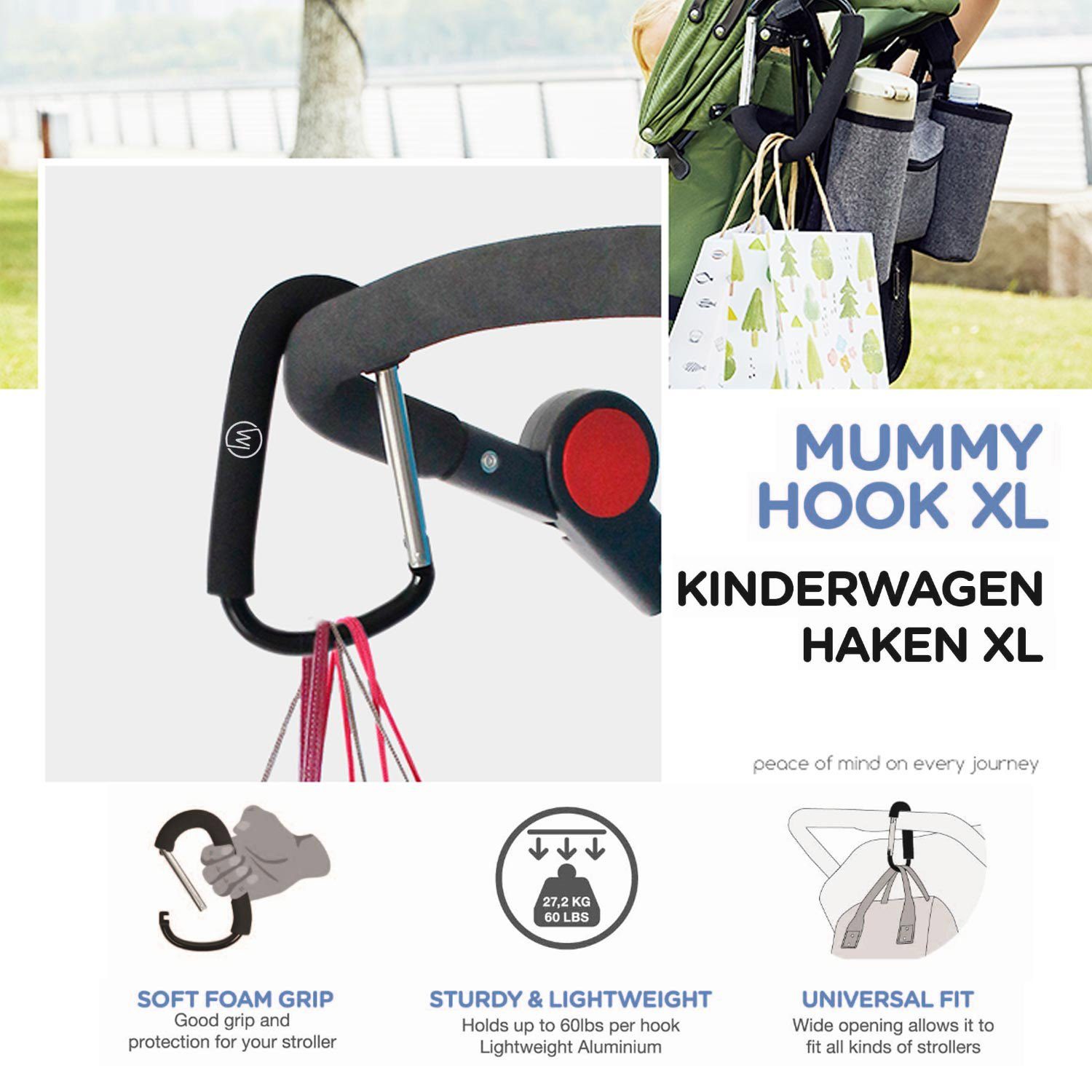 Wicked Chili Kinderwagen-Adapter Karabiner für Kinderwagen, Kinderwagenhaken Haken Tüten, (1-tlg), robust, bis 60lbs (27,2kg) belastbar. Schaumstoffpolsterung am Karabin
