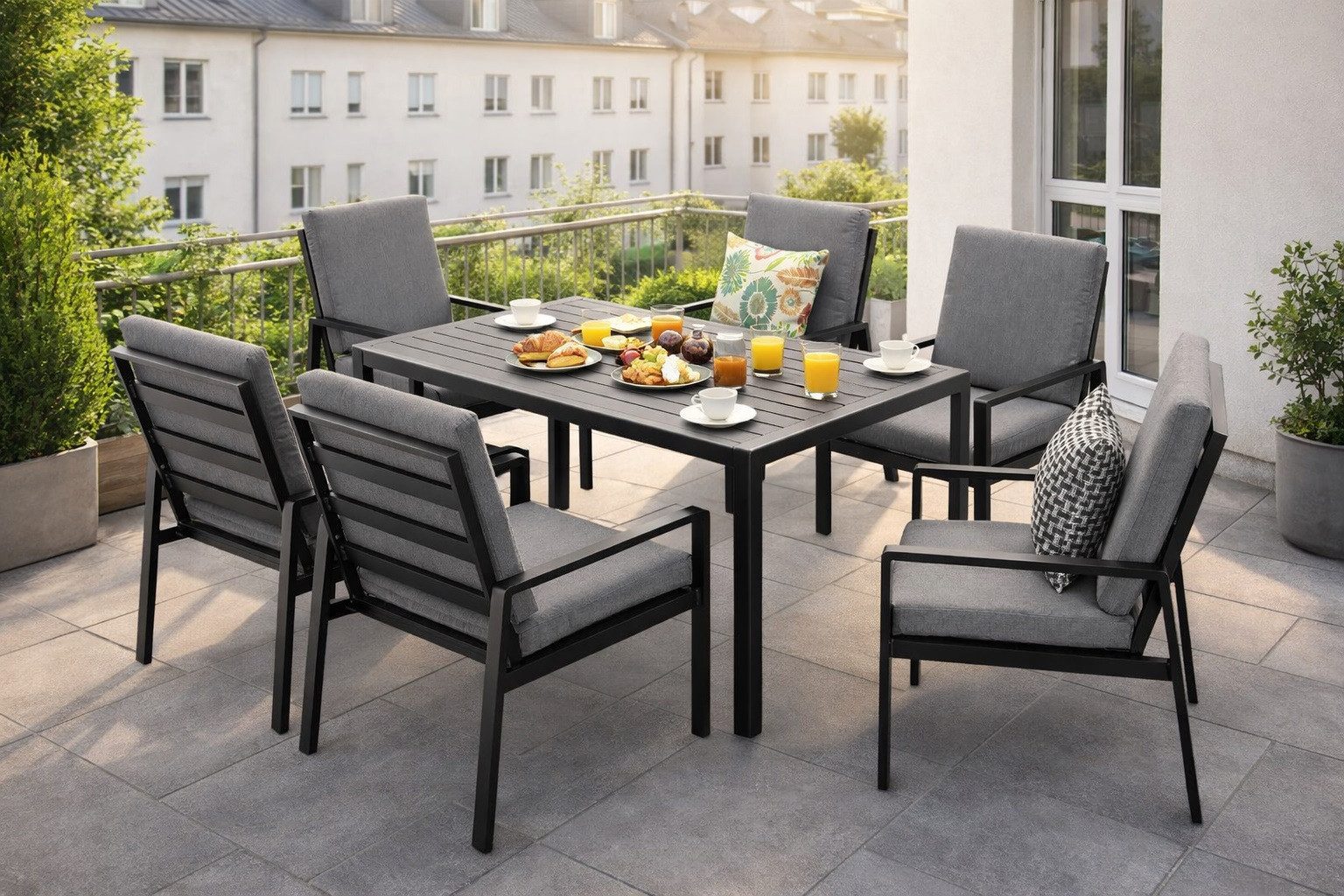 MeXo Gartenlounge-Set Gartenmöbel Set Aluminium Outdoor, (Garten-Essgruppe für 6 Personen, 7-tlg., mit Polywood Tisch & Auflagen), wetterfest für Terrasse & Garten
