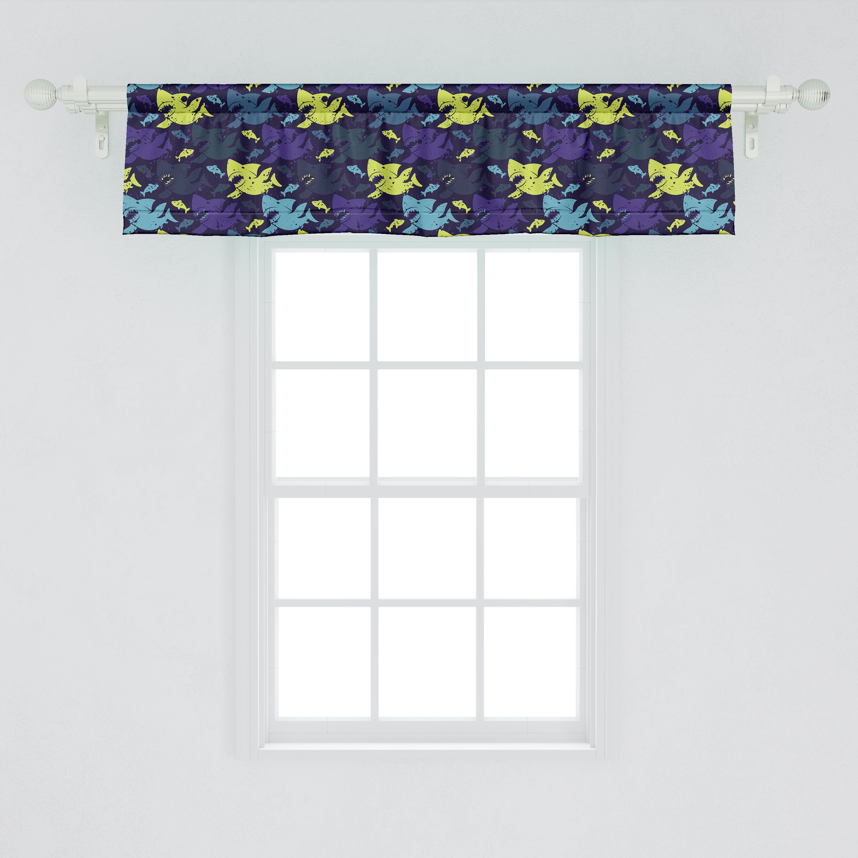 Scheibengardine Vorhang Volant Grunge Abakuhaus, für Schlafzimmer Dekor Küche Haifisch-Schattenbilder Nautisch Microfaser, mit Stangentasche